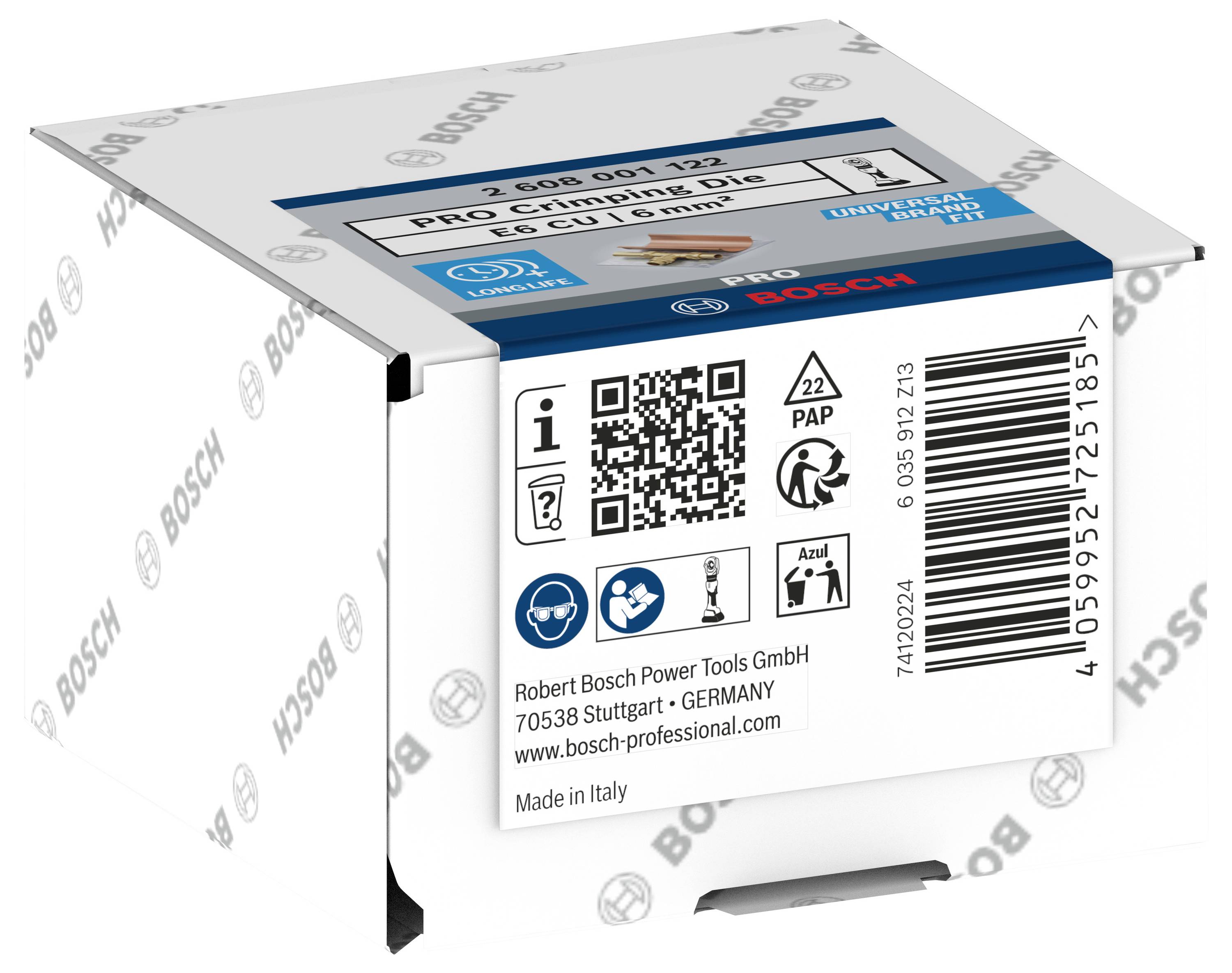 Verpackung einer Bosch-Profi-Crimpzange. Enthält Produktspezifikationen, QR-Code, Recycling-Symbol und 'Made in Germany'-Hinweis.