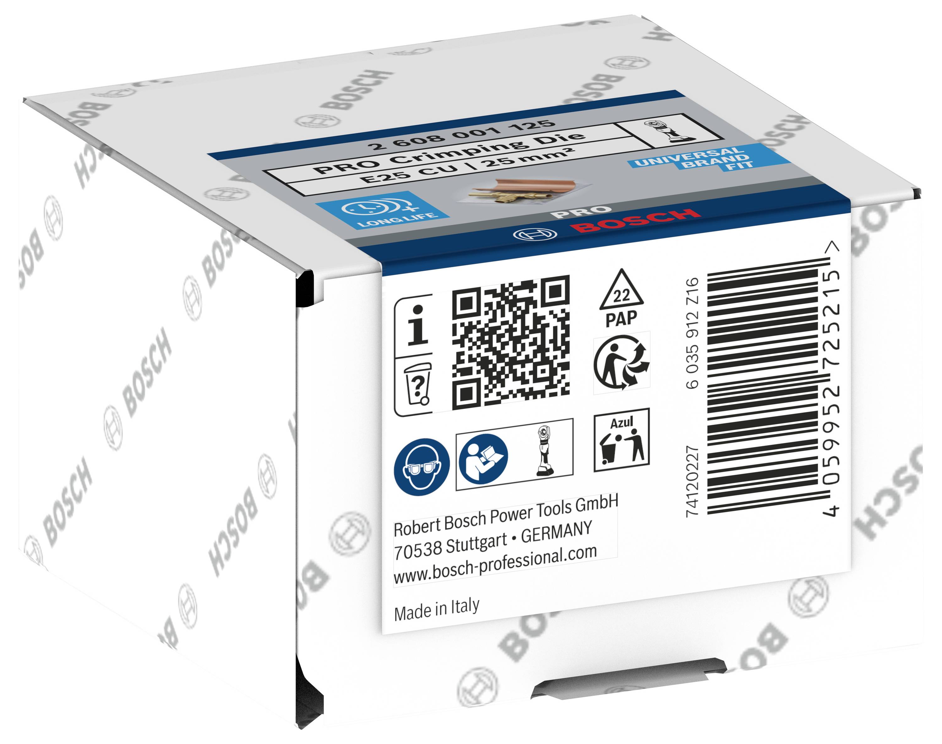 Verpackung von Bosch-Crimping-Discs mit Produktdetails und QR-Code. Enthält Firmenname, Adresse und Website. Made in Italy.
