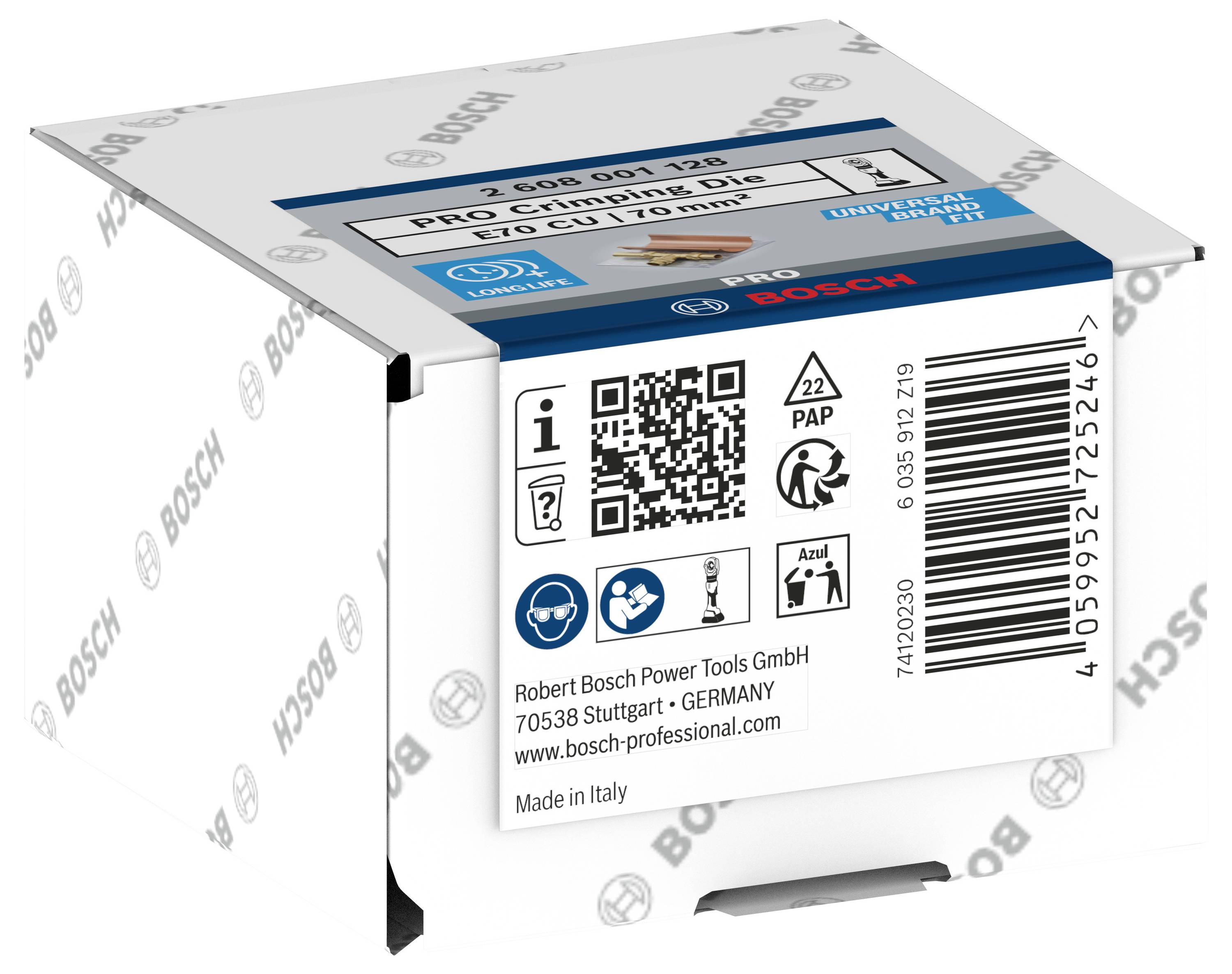 Verpackung eines Bosch-Produkts, zeigt Barcode, Recycling-Symbol, Webseitenadresse und Herstellerinformationen.