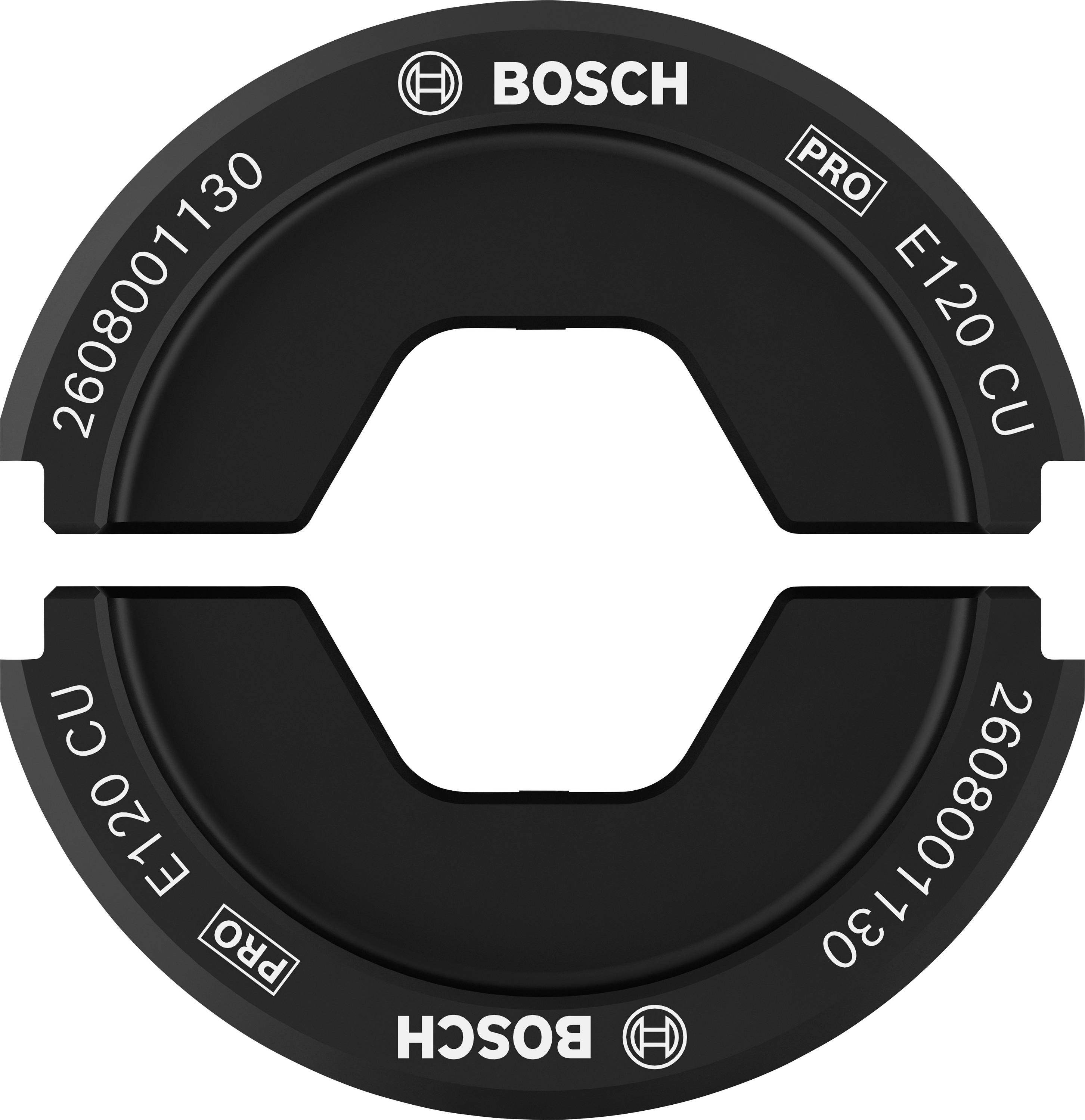 Die Abbildung zeigt eine Bosch-Schutzkappe mit der Aufschrift 'PRO E120 CU'. Sie ist rund und hat einen zentralen Ausschnitt.
