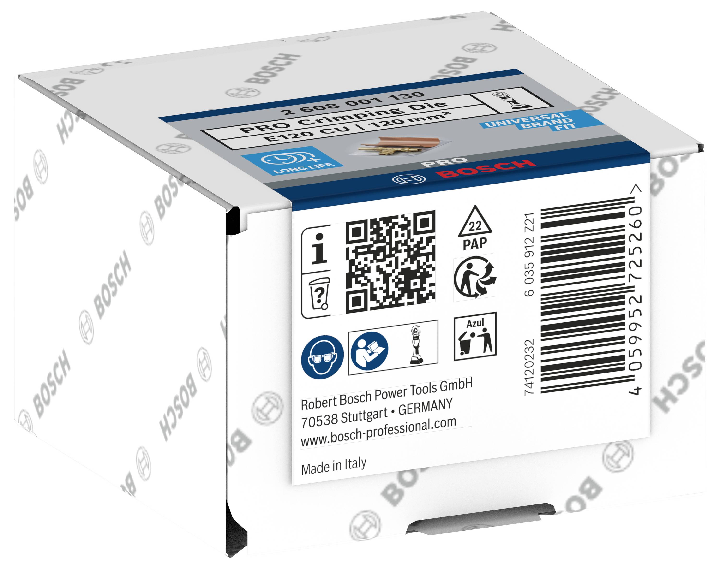 Kartonverpackung eines Bosch-Werkzeugzubehörs. Etikett enthält Strichcode, Recycling-Symbole und Adresse des Herstellers in Stuttgart.