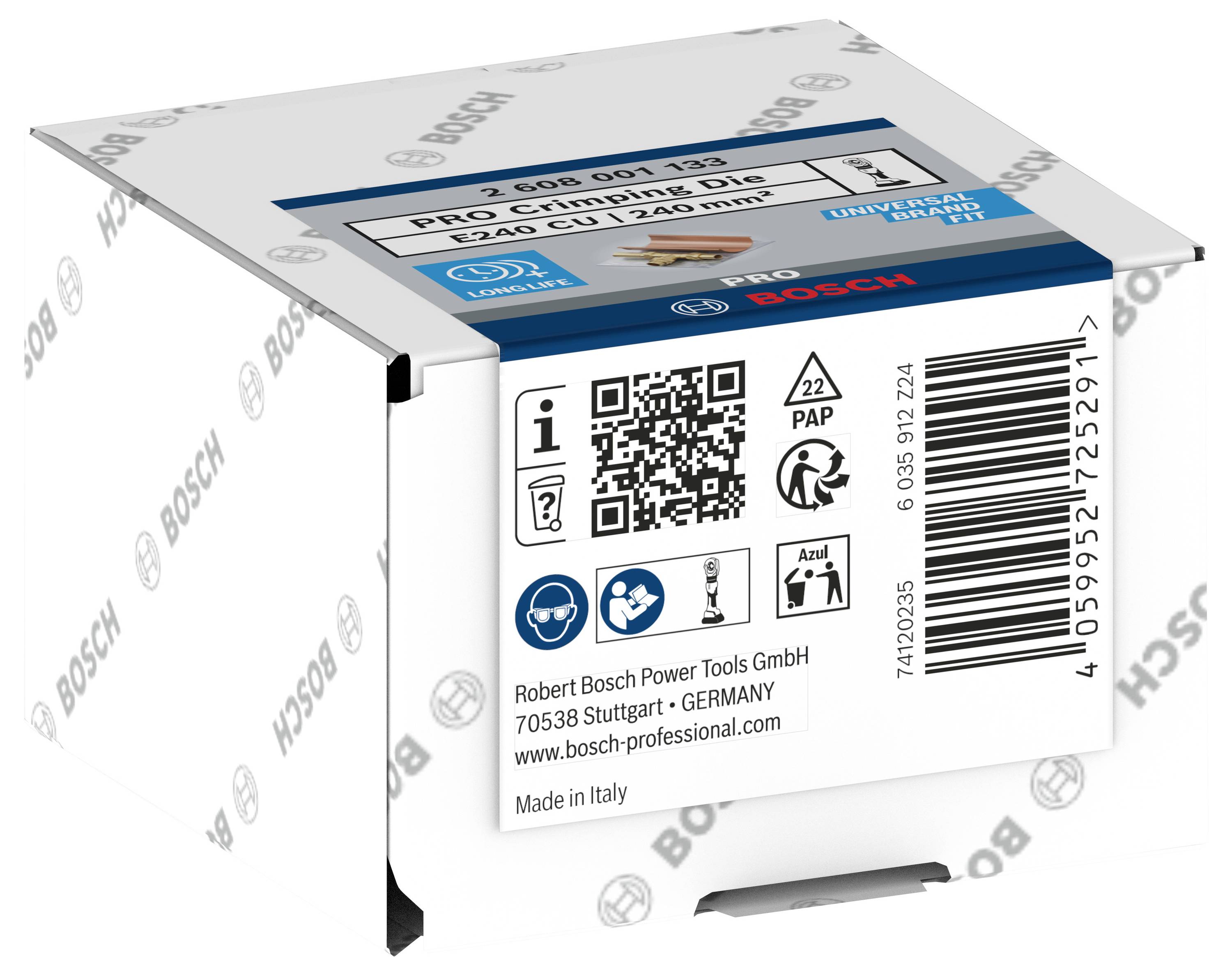 Verpackung einer Bosch Pro Cleaning Disc mit QR-Code, Strichcode und Herstellungsinformationen. Made in Italy.