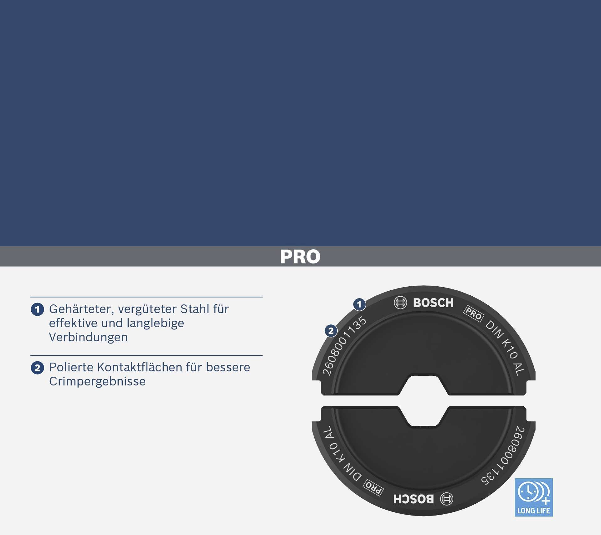 'PRO' Scheibe für Crimpverbindungen: 'Härtung' und 'Polierte Kontaktflächen' für Effektivität und Langlebigkeit. Logo von Bosch und 'Long Life'.