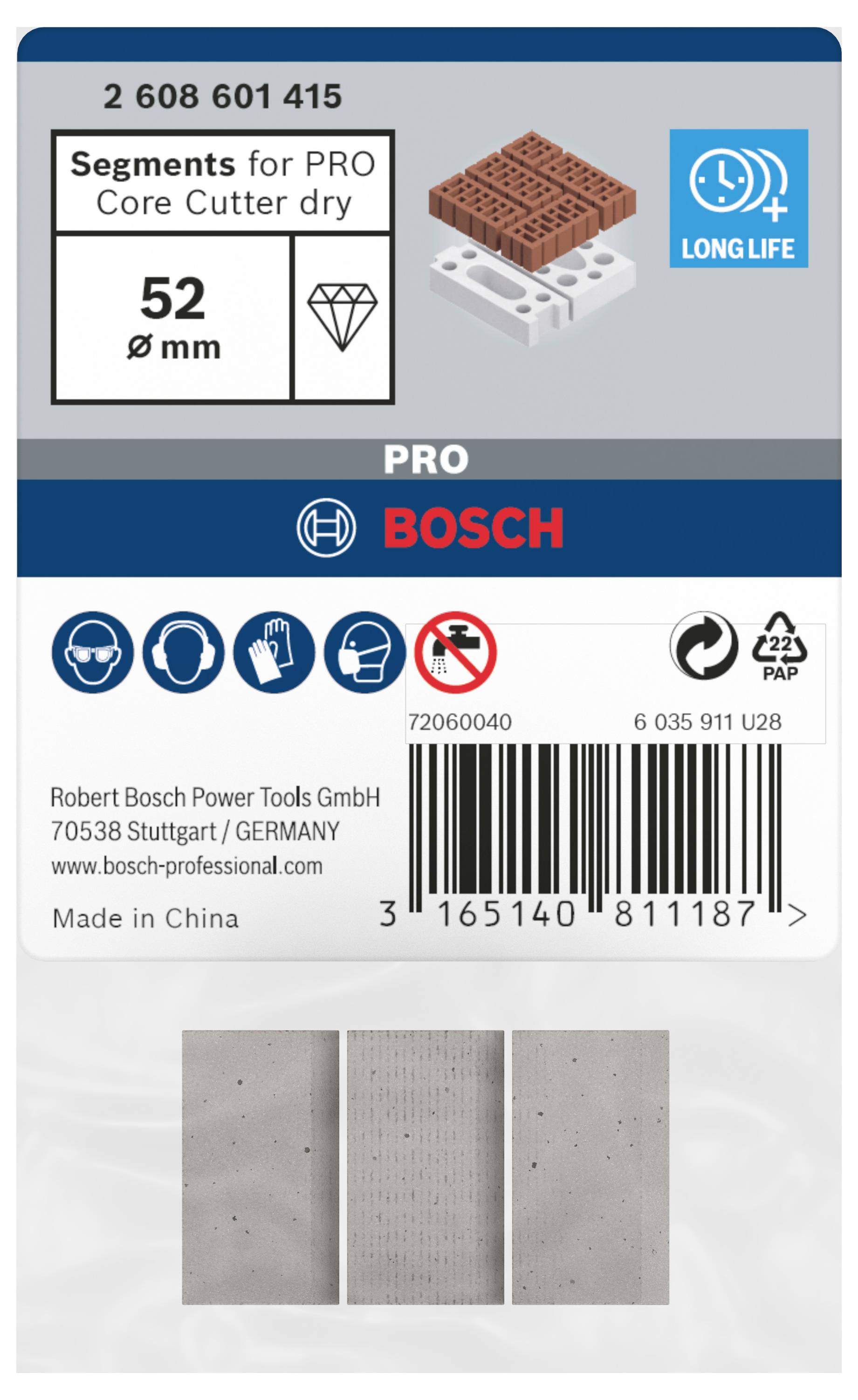 Bosch Segments für PRO Kernbohrer trocken, 52 mm. Longlife. Bild eines Bohrsegments auf Ziegelstein. Kein Handhaber ohne Werkzeug.