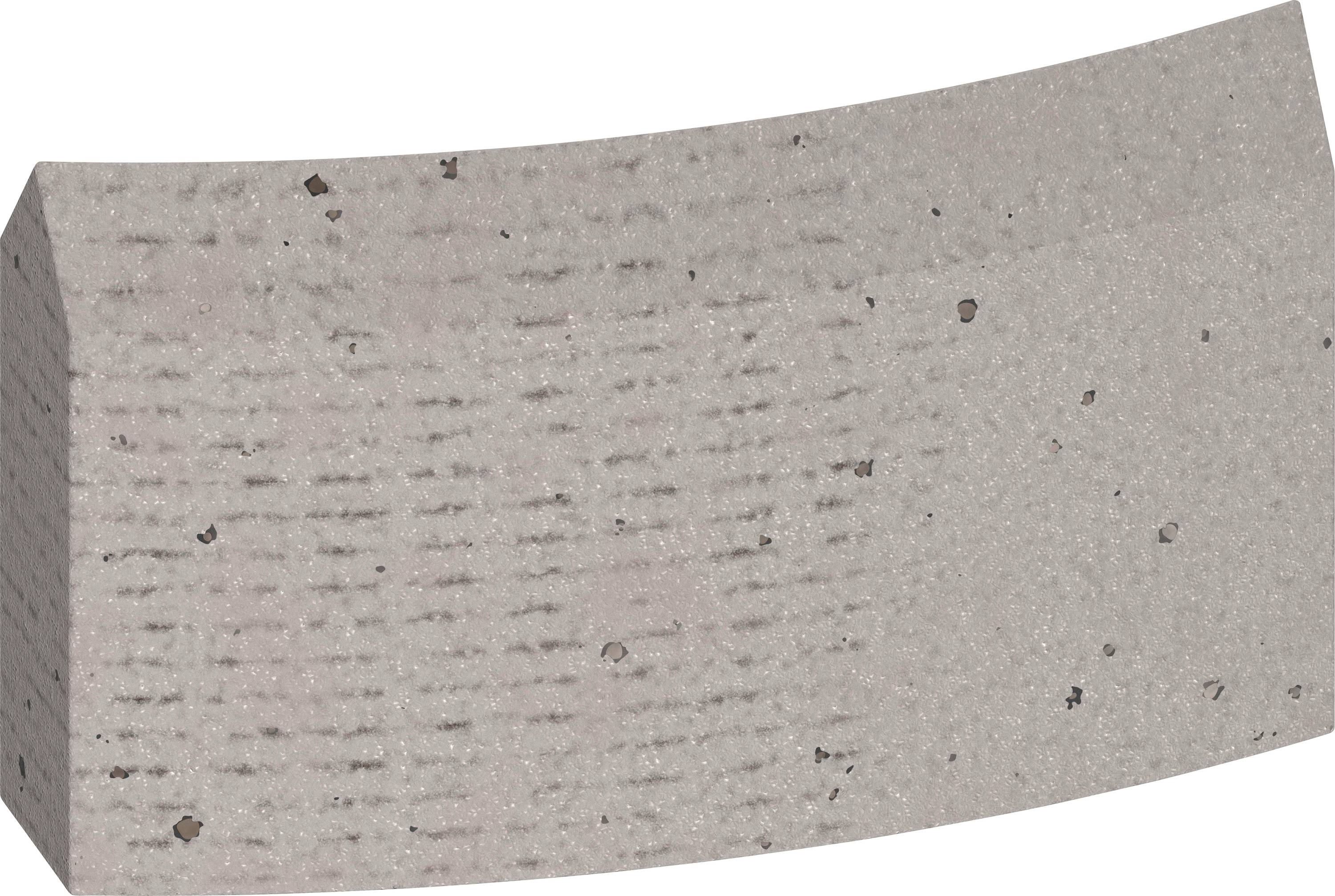 Grauer, gekrümmter Stein mit kleinen schwarzen Flecken und rauer Textur.