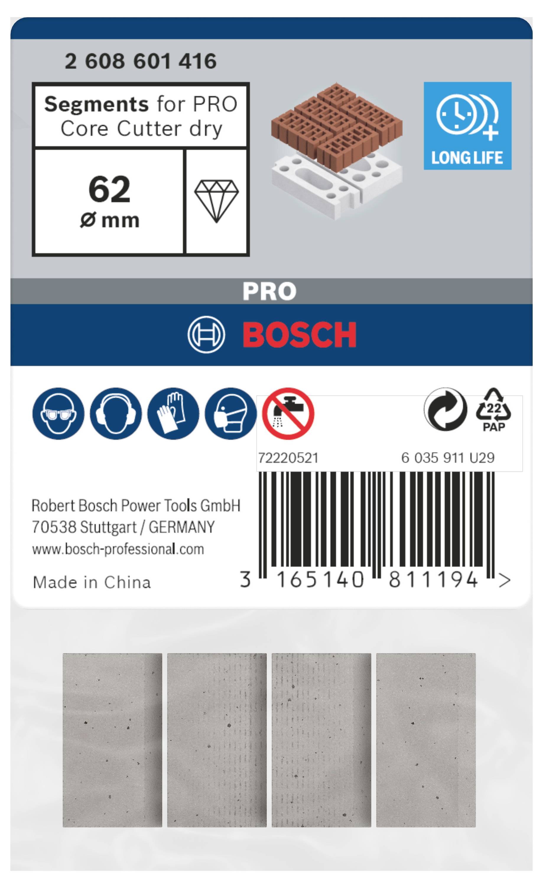 'Bosch'-Verpackung für Trocken-Kernbohrersegmente, Durchmesser 62 mm, mit Symbolen für lange Lebensdauer und Schutzbrillenpflicht.