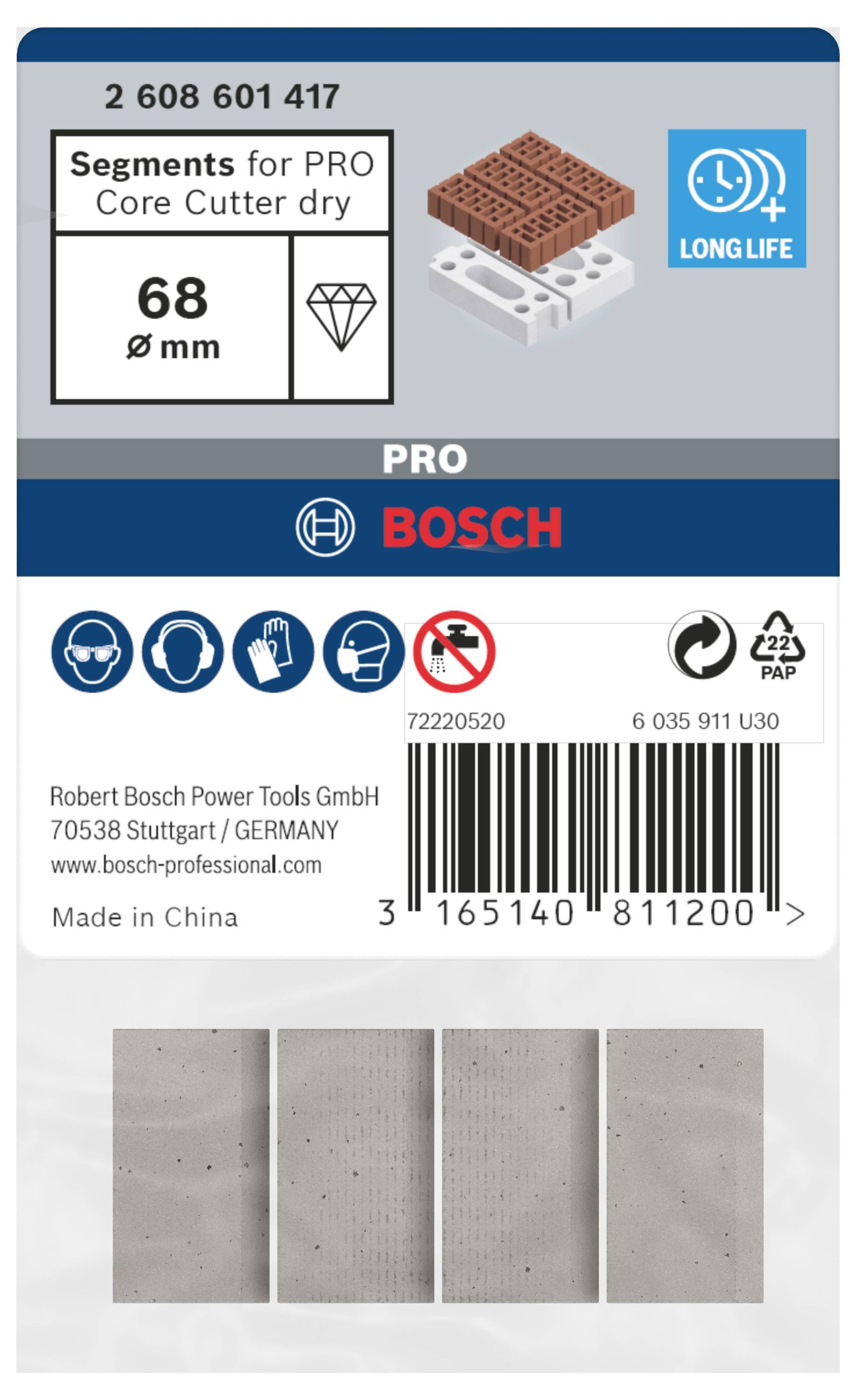 'Bosch Segments für PRO Kernbohrer trocken' Verpackung mit Diamantsegmenten, Produktcode, Recycling-Symbol und Strichcode.