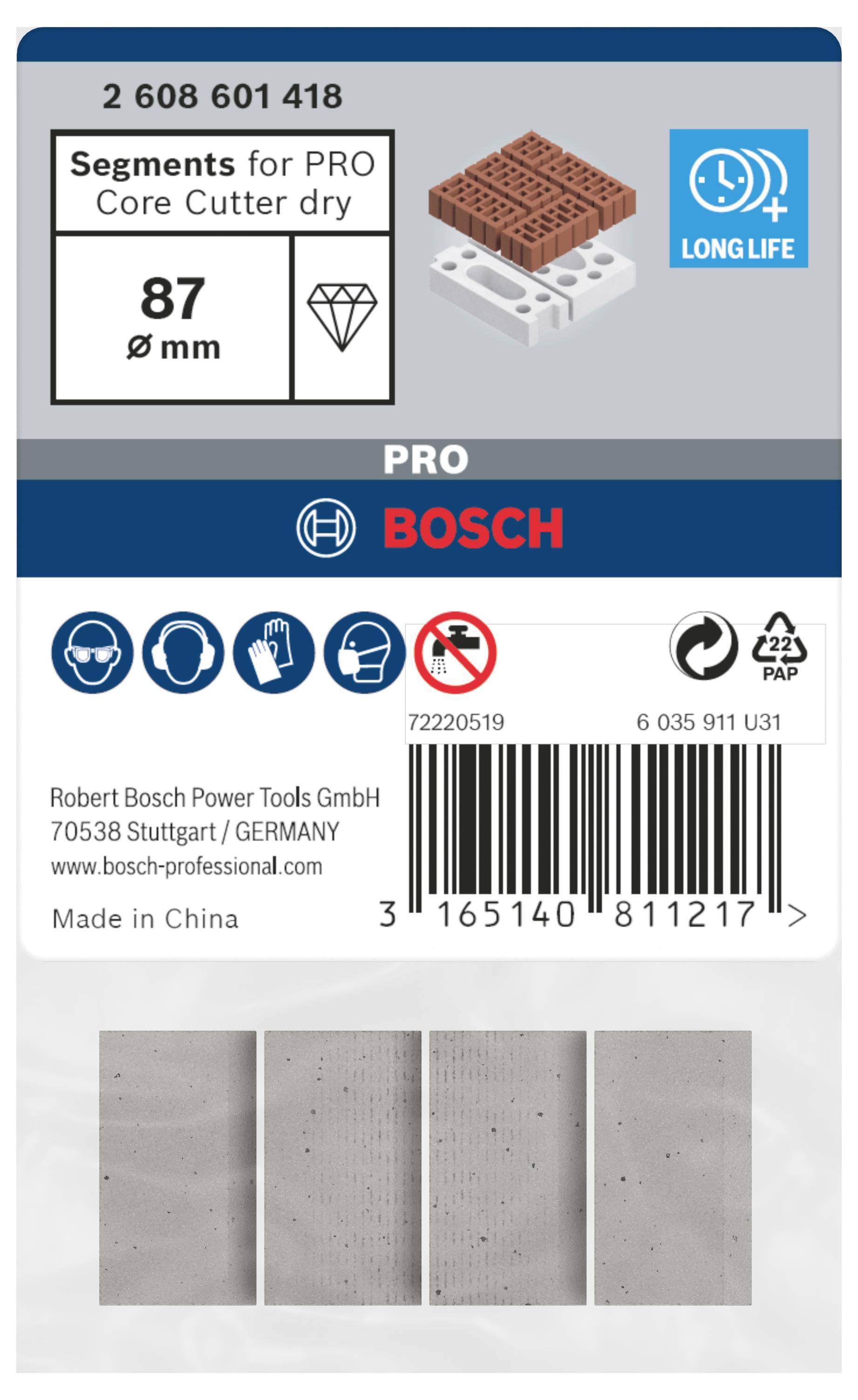 Bosch Segments für PRO Core Cutter trocken, 87 mm, diamantbeschichtet, lange Lebensdauer. Verpackung mit Produktabbildung.
