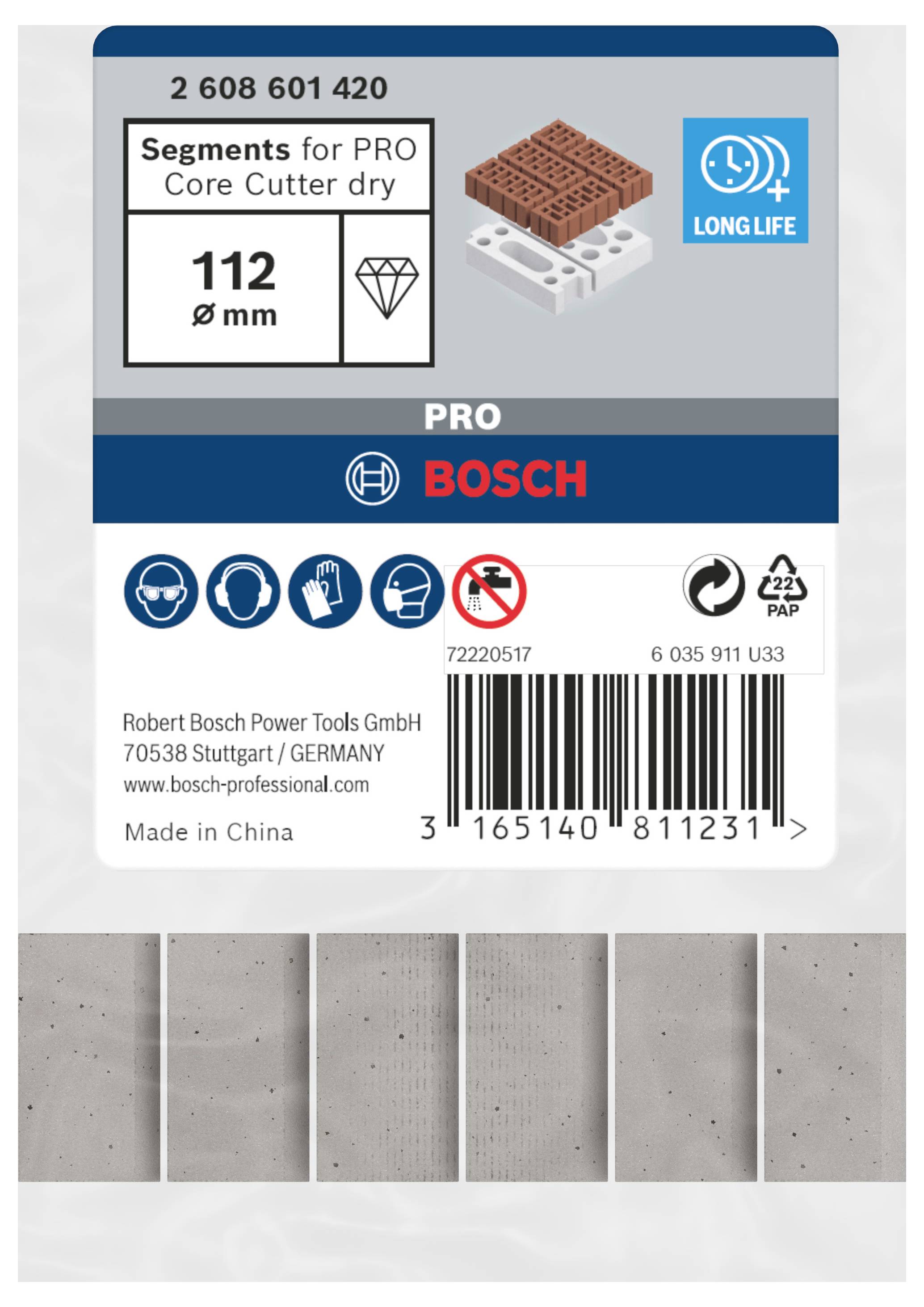 Segments for PRO Core Cutter dry, 112 mm. PRO BOSCH. Long life. Safety icons: goggles, gloves, mask, hearing protection.