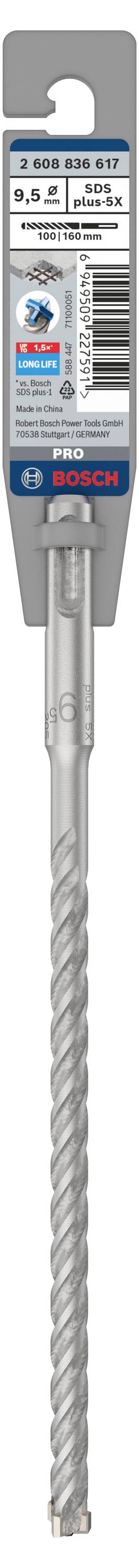 Bohrer mit grauer Verpackung, Text 'SDS plus-5X Bosch'. Lang mit spiralartigem Muster auf dem Schaft, geeignet für Betonarbeiten.