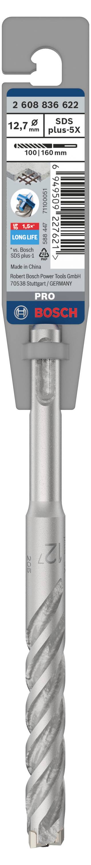 Bohrer von Bosch, 12,7 mm, SDS-plus, für Beton und Mauerwerk, in grauer Kunststoffverpackung, hervorgehobene Produktmerkmale oben.