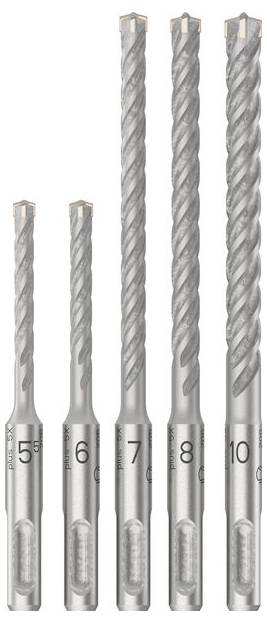 Fünf SDS Bohrer in verschiedenen Größen aufrecht nebeneinander. Größenzahlen 5, 6, 7, 8, 10 sind auf den Bohrern eingeprägt.