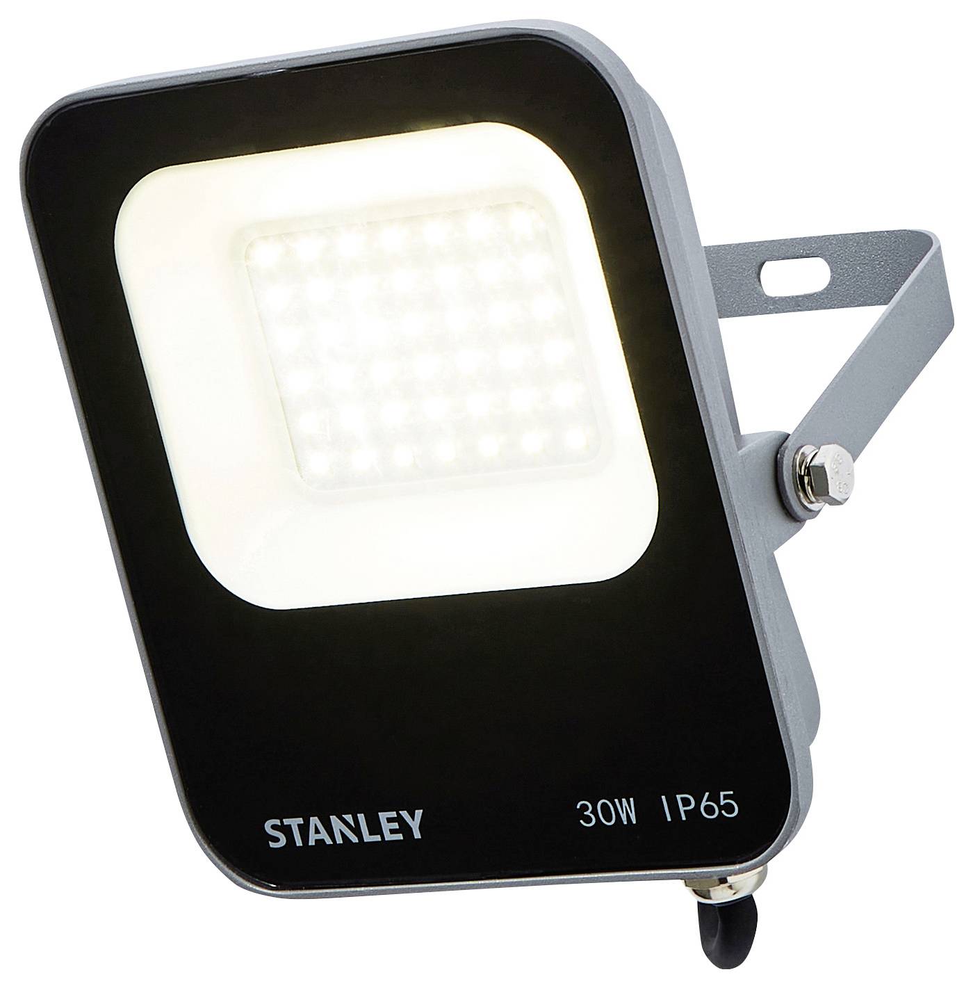 STANLEY 30W IP65 schwarzer LED-Strahler mit quadratischer, heller Leuchtfläche und verstellbarer Befestigungshalterung, geeignet für den Außeneinsatz.