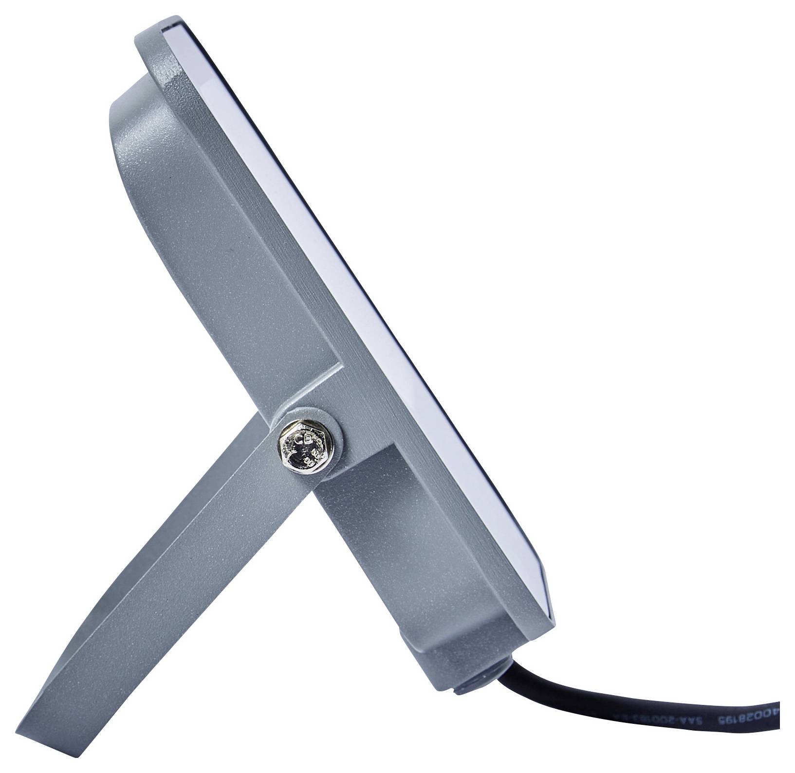 Eine Seitenansicht eines grauen, rechteckigen Scheinwerfers mit verstellbarer Halterung und Netzkabel vor weißem Hintergrund.