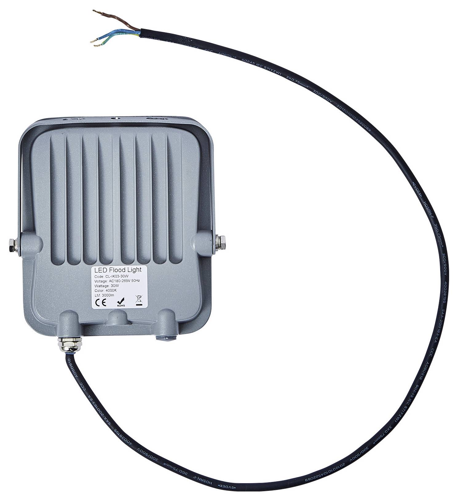 Ein graues LED-Flutlicht mit gerippter Rückseite, das an einem langen schwarzen Kabel mit freigelegten Drähten am Ende angeschlossen ist.