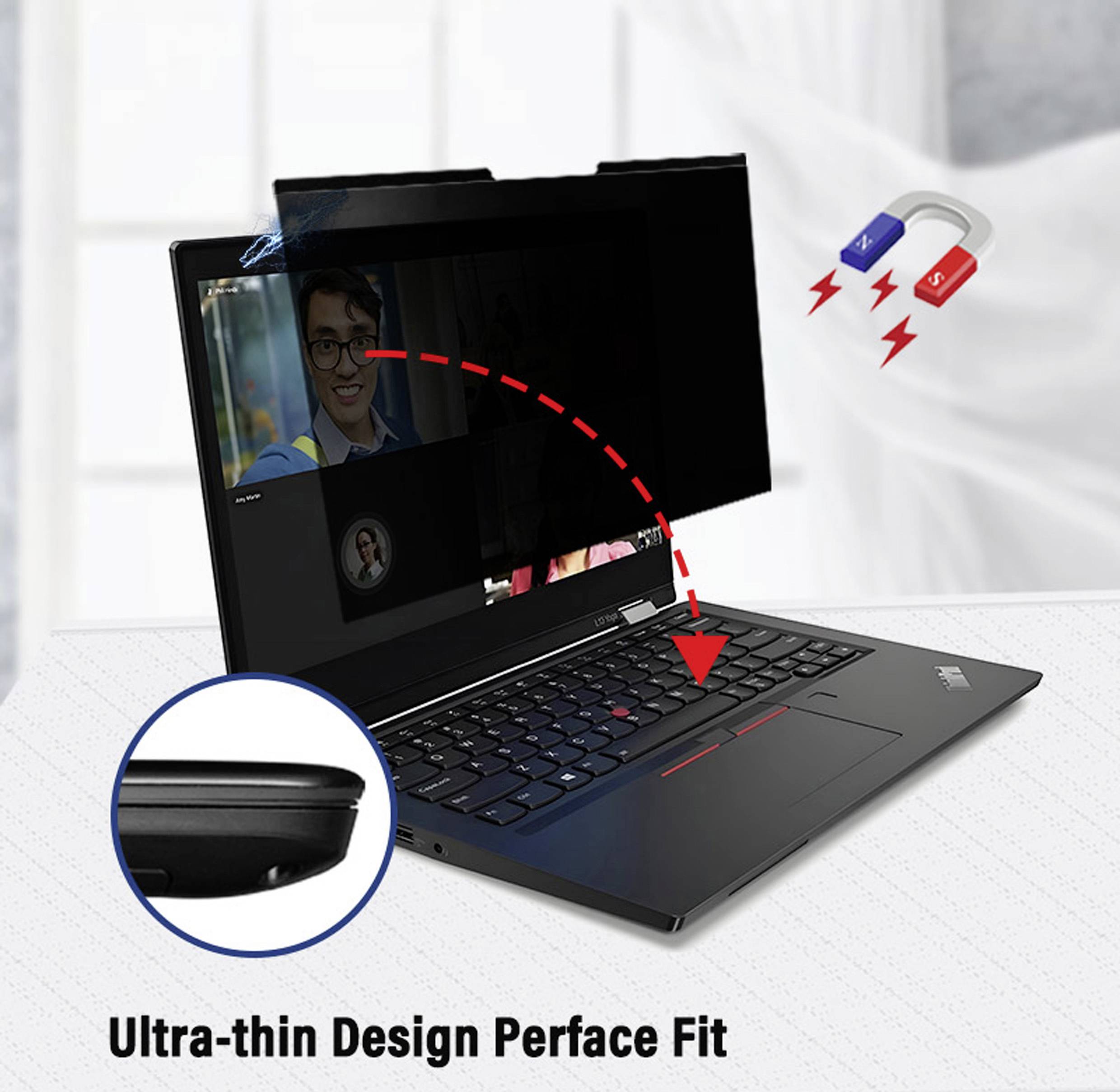 Ein Laptop mit einem Blickschutzfilter, der den Bildschirm vor seitlichen Blicken schützt. Ein Magnet hält den Filter an Ort und Stelle.