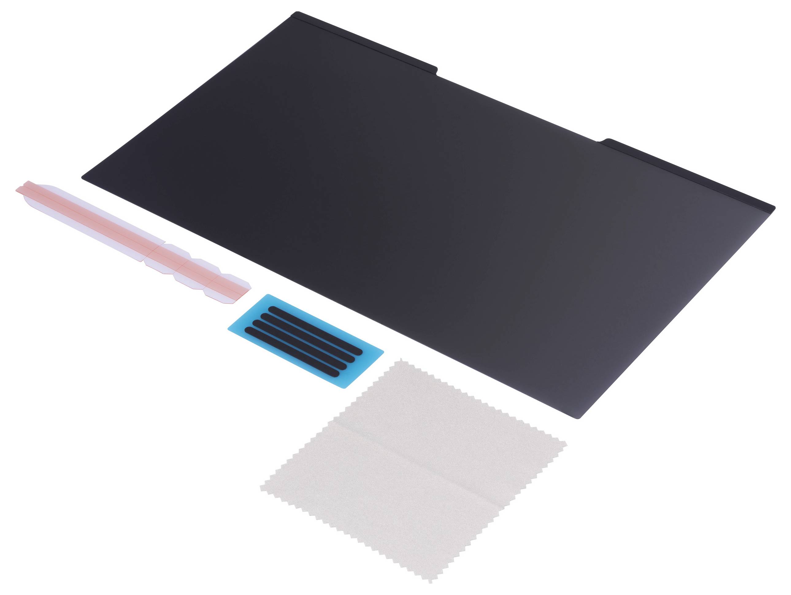Schwarz getönte Bildschirmabdeckung, Reinigungs- und Installationsset für Laptops, bestehend aus Tuch, Streifen und Schutzfolie.