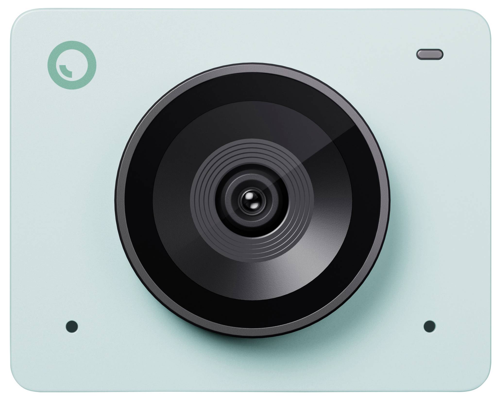 Eine mintfarbene Kamera mit einem großen runden Objektiv in der Mitte, umgeben von zwei kleinen Punktknöpfen.