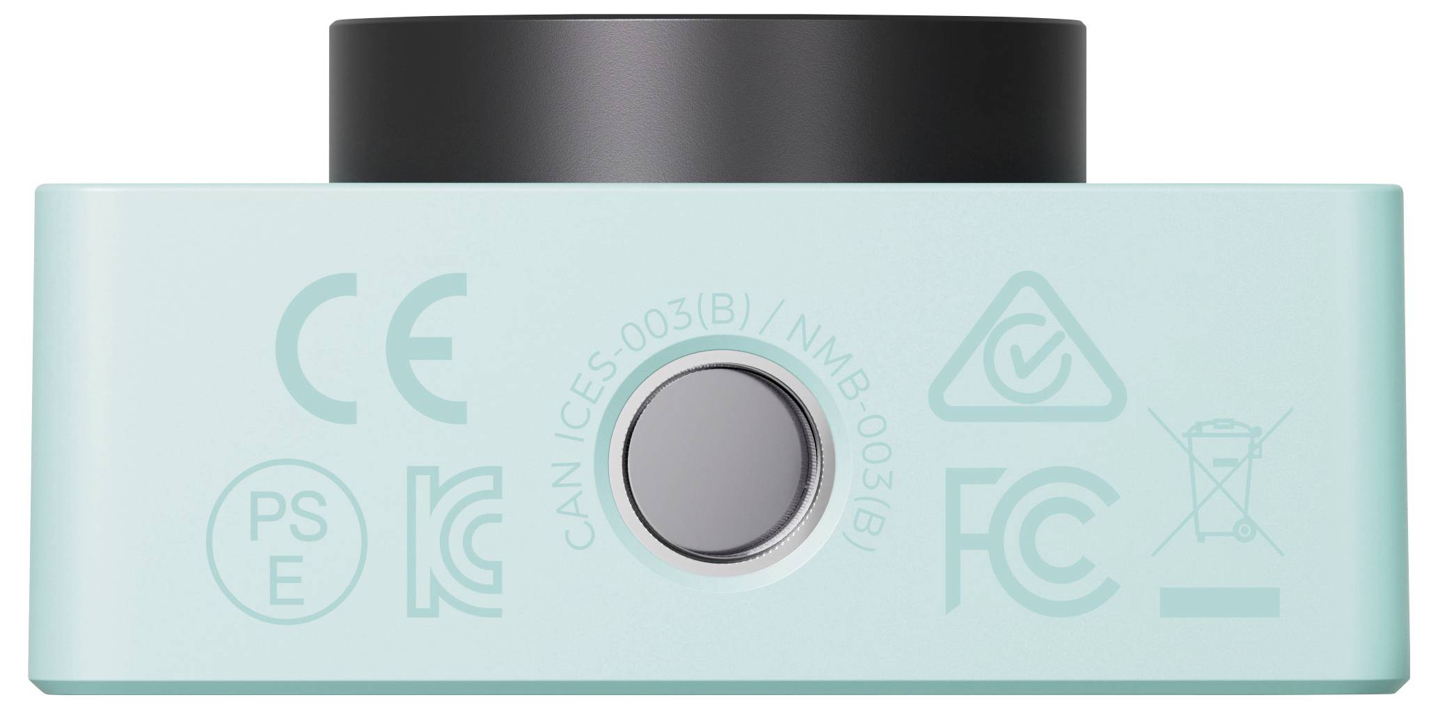 Ein elektronisches Gerät mit mehreren Zertifizierungszeichen, darunter CE, FCC, PSE, und Recyclingsymbol, auf hellgrünem Hintergrund.