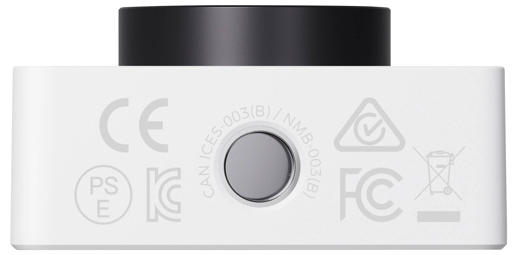 Kamera mit verschiedenen Zertifizierungslogos, wie CE und FCC, die die Konformität und Sicherheitsstandards des Geräts anzeigen.