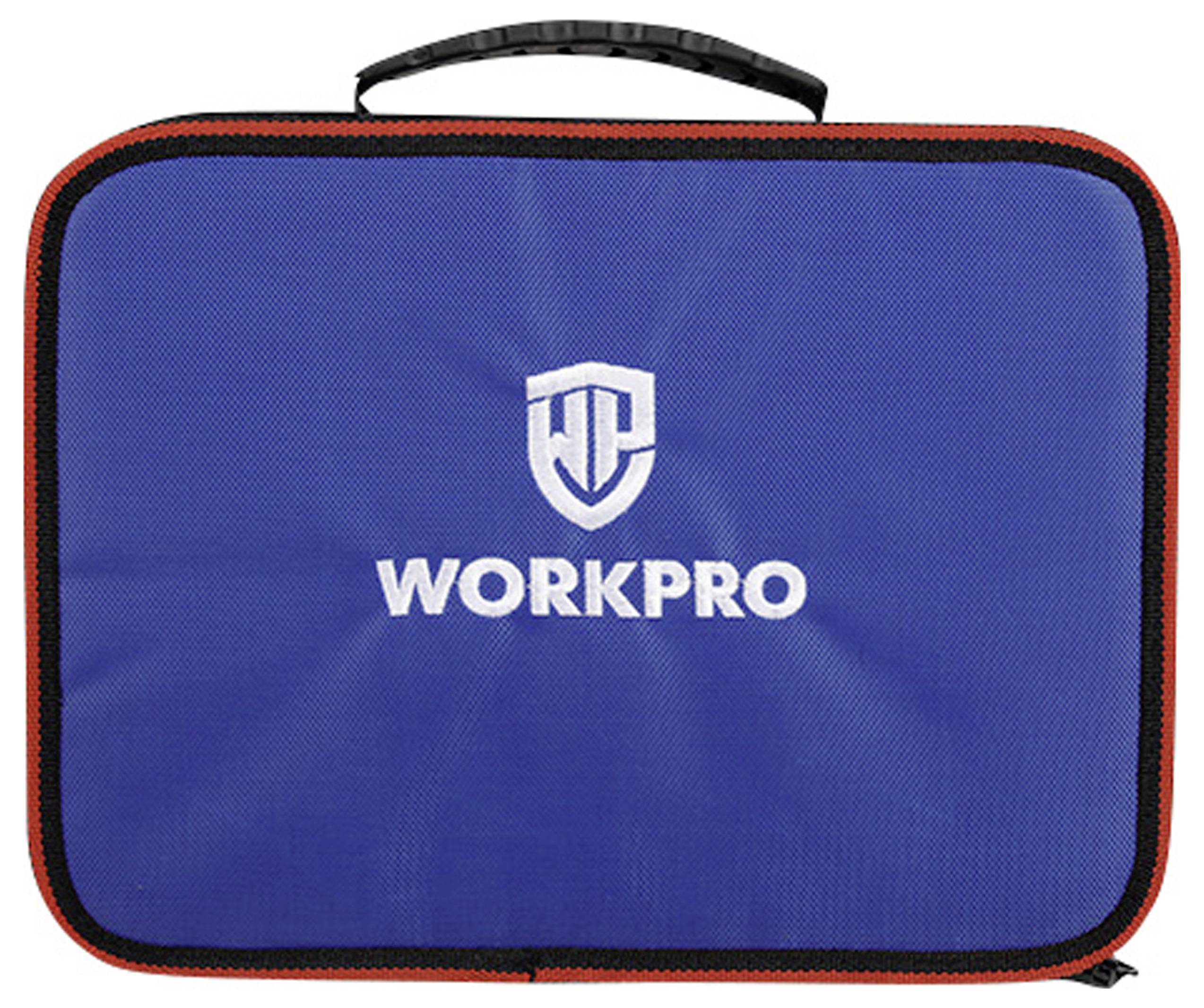 Blaue Tasche mit schwarzem Griff, rotem Rand und weißem 'WORKPRO'-Logo in der Mitte.