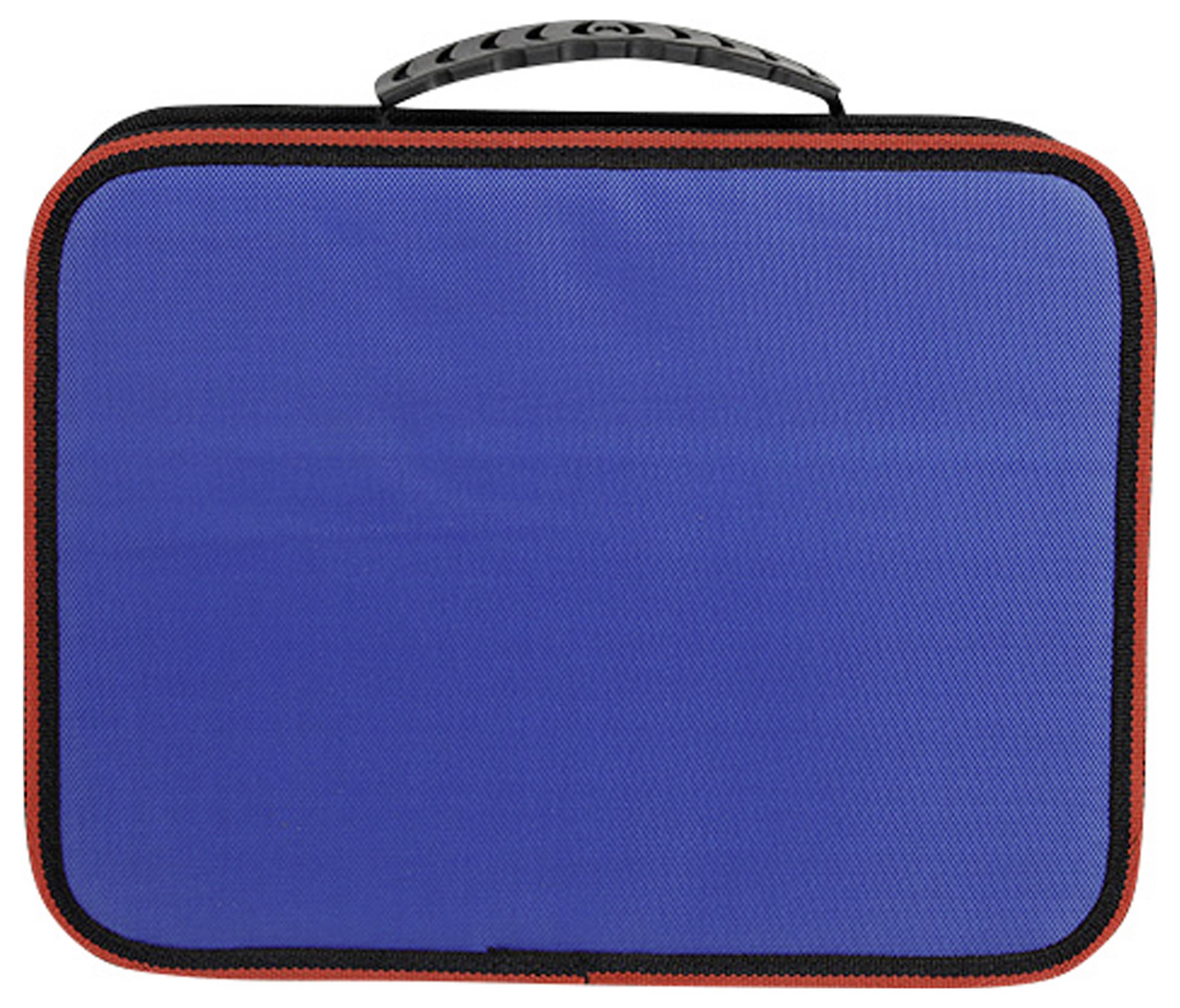 Eine blaue Laptoptasche mit schwarzem Griff und roten Kanten, aufrecht stehend.