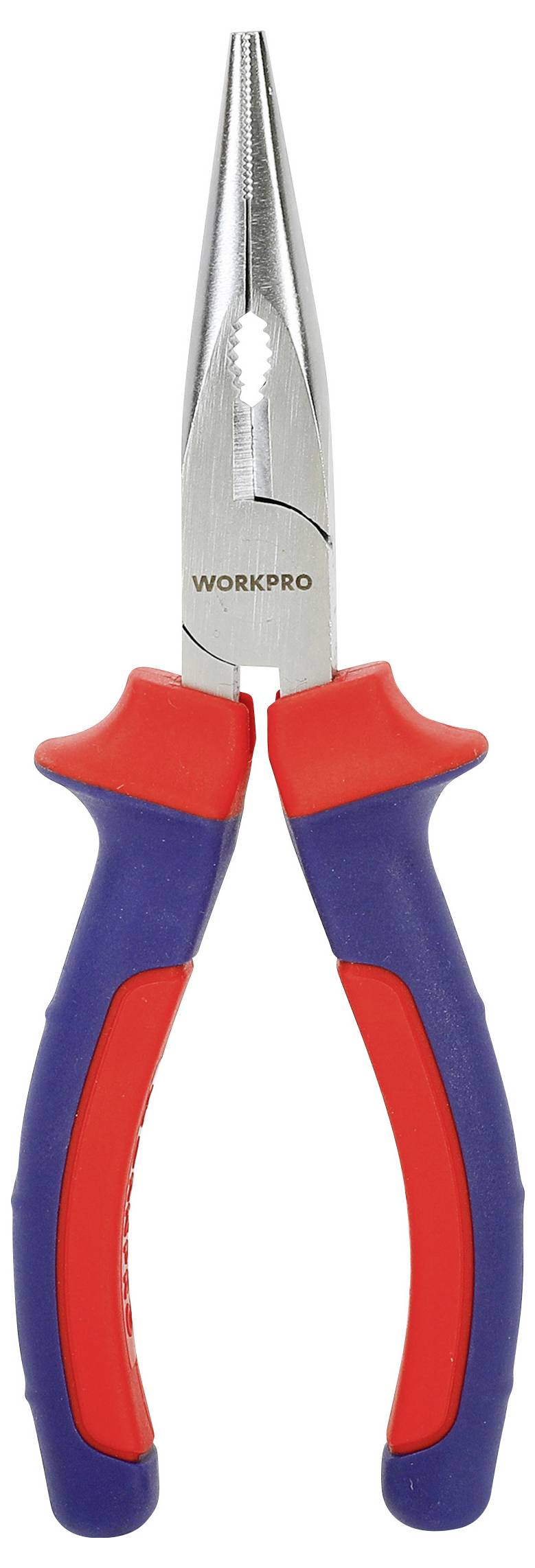 Rote und blaue Langschnabel-Zange mit einer silbernen Metalltip und dem Schriftzug 'WORKPRO' am Kopf, verwendet zum Greifen und Biegen von Objekten.