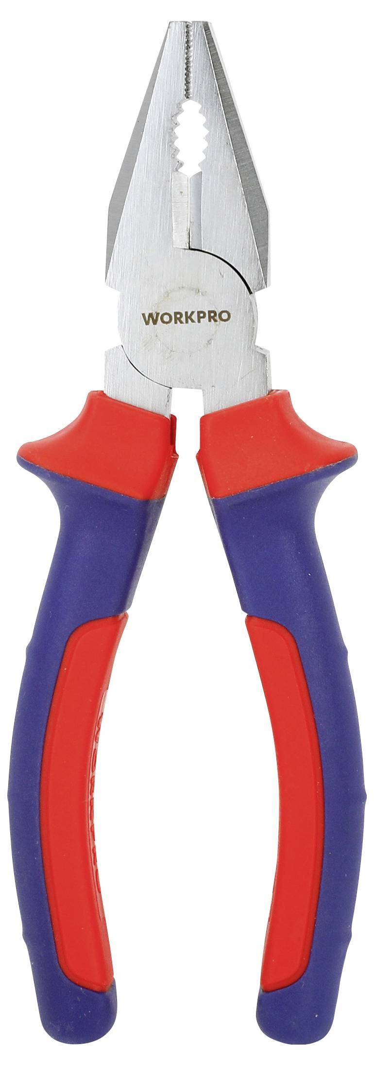 Rot- und blaugriffige Zangen mit metallischer Oberfläche, auf deren Griff das 'WORKPRO'-Logo angebracht ist.