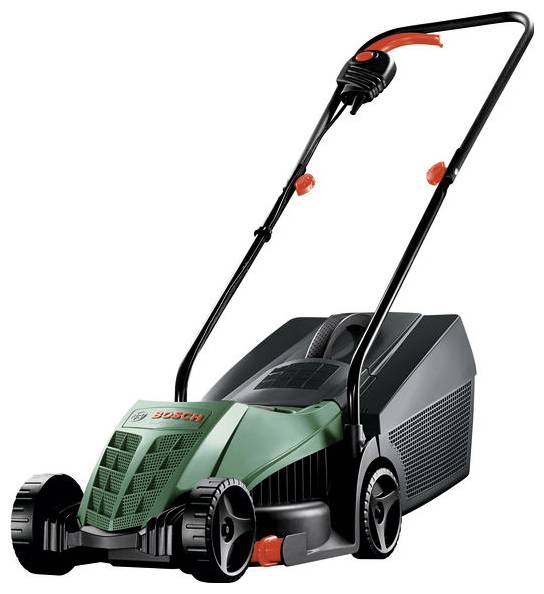 Ein grüner Rasenmäher mit schwarzen Rädern und rotem Griff, markiert mit 'Bosch'. Geeignet für kleine bis mittelgroße Gärten.