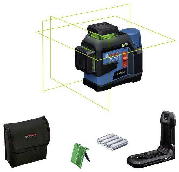 Bosch Laser-Nivelliergerät aufgestellt, zeigt grüne 360° Linien. Enthält Etui, grüne Zieltafel, Batterien und Halterung. Ideal für präzise Messungen.