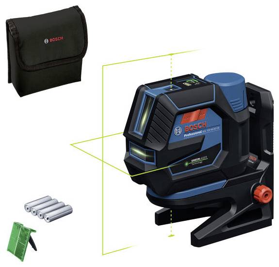 Laser-Wasserwaage mit grüner Linie, Batterien und einer Transporttasche. Marke Bosch. Ideal für Präzisionsmessungen im Bauwesen.