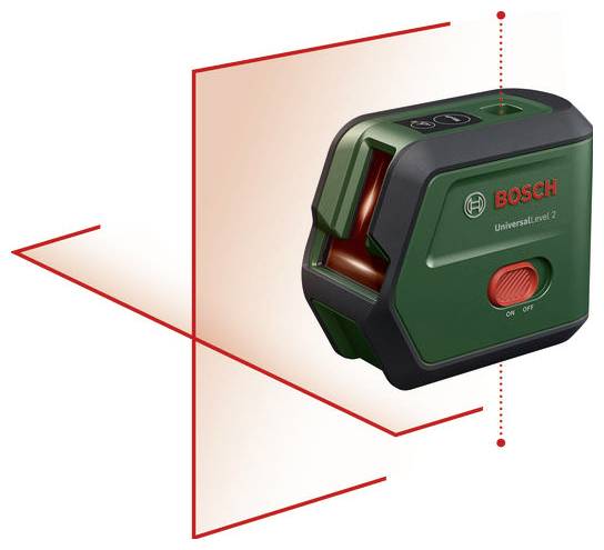 Ein grüner Bosch-Laser-Entfernungsmesser projiziert rote Laserlinien horizontal und vertikal, zur Erleichterung von Mess- und Bauarbeiten.
