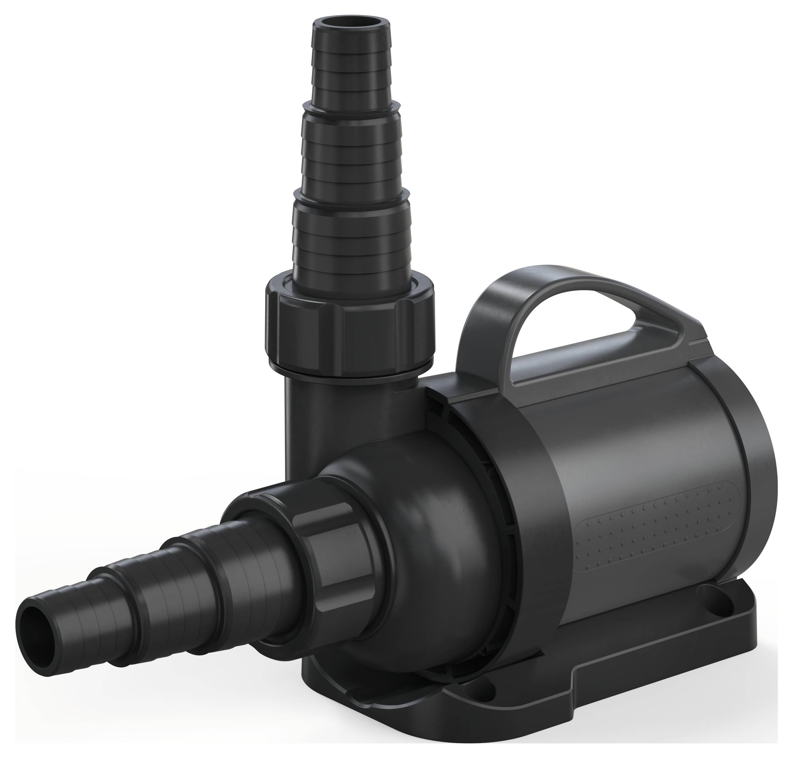 Eine schwarze Wasserpumpe mit kompaktem Design verfügt über einen Griff für Mobilität und zwei Schlauchanschlüsse, geeignet für Aquarien oder kleine Teiche.