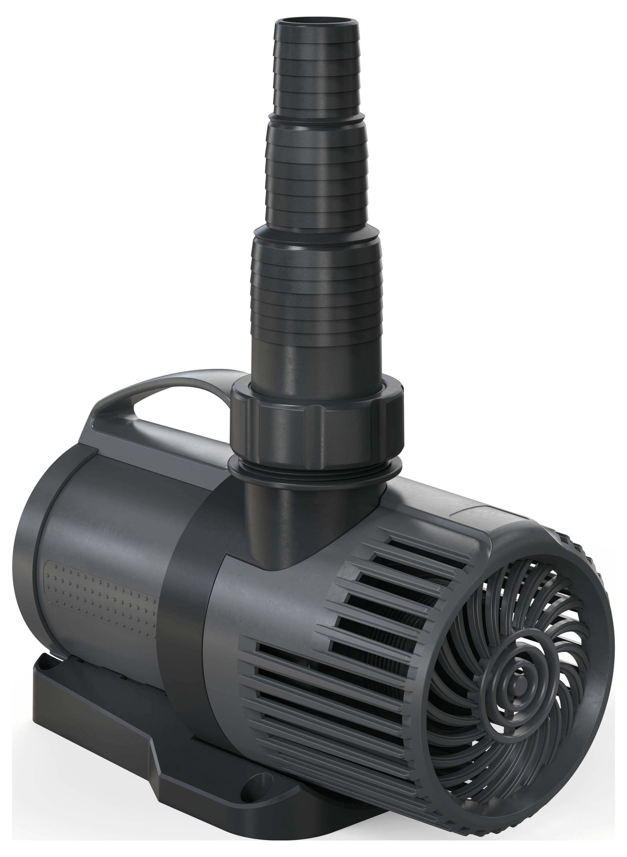 Eine schwarze Wasserpumpe mit einem zylindrischen Gehäuse, einer fächerartigen Vorderseite und einem vertikalen Auslass zum Anschluss von Schläuchen. Verwendet zur Flüssigkeitszirkulation.