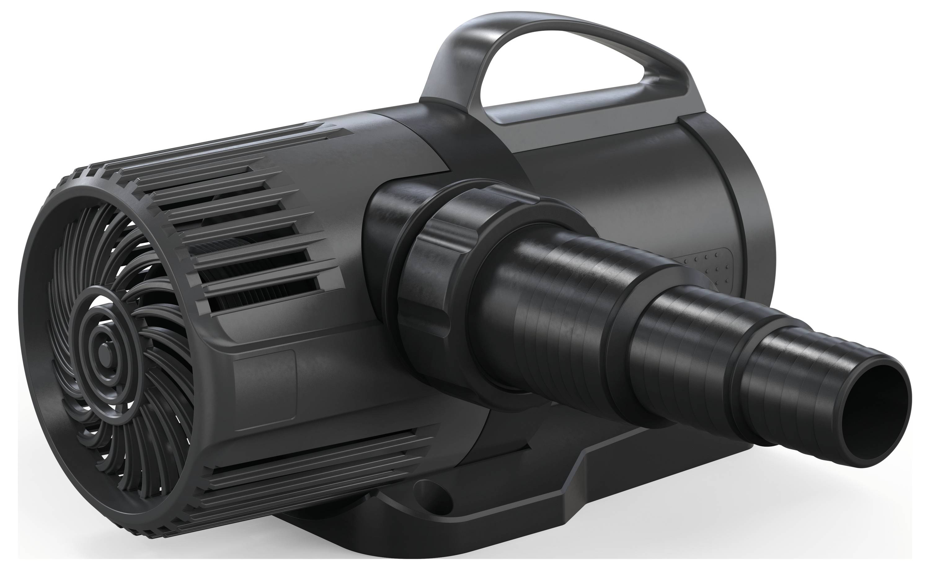 Eine schwarze Wasserpumpe mit einem Griff und mehreren Schlauchanschlüssen, die für Aquarien oder Teiche konzipiert ist und in einer Seitenansicht gezeigt wird.