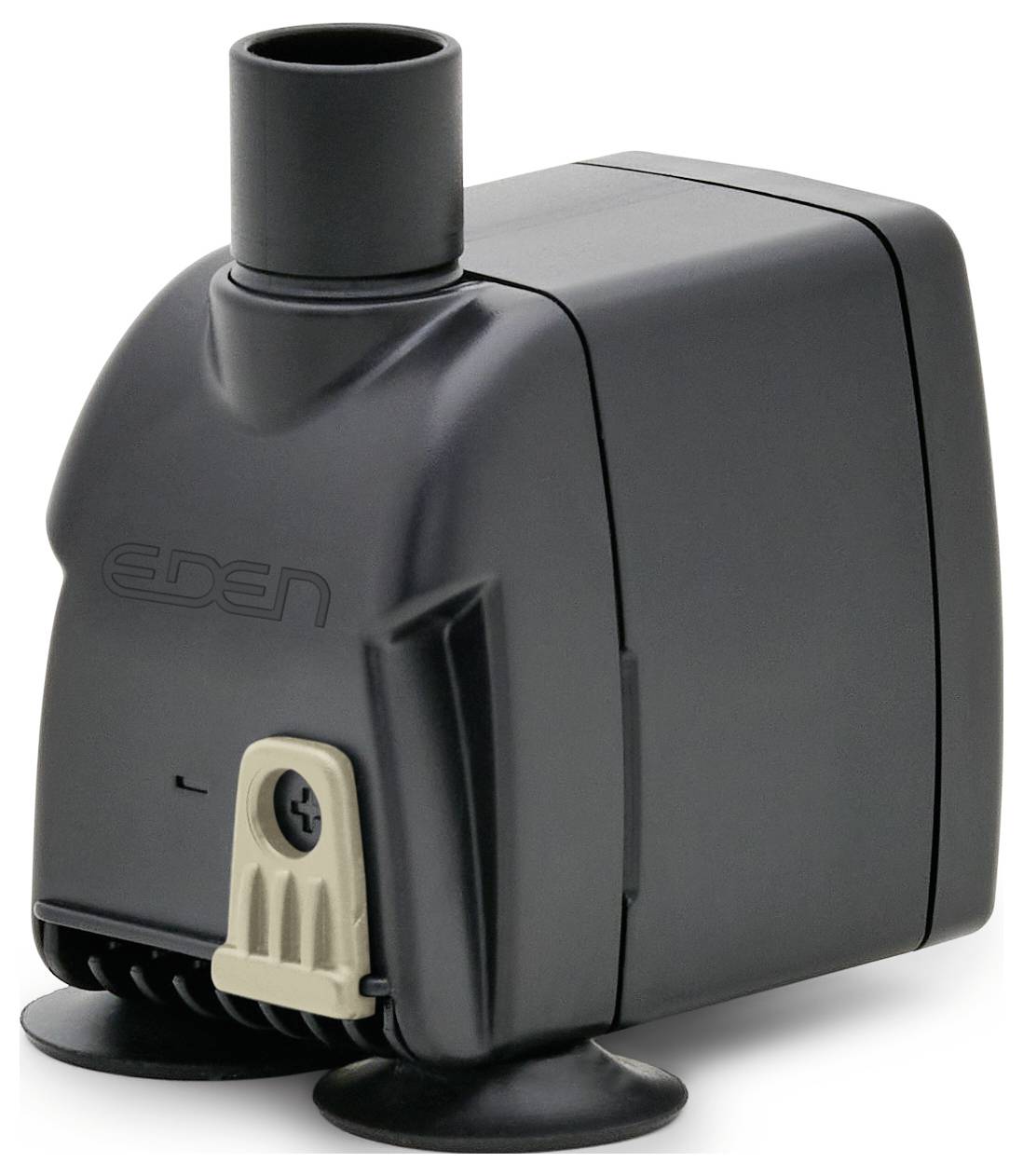 Eine kompakte schwarze Wasserpumpe mit einem zylindrischen Auslass und Saugnäpfen an der Basis.