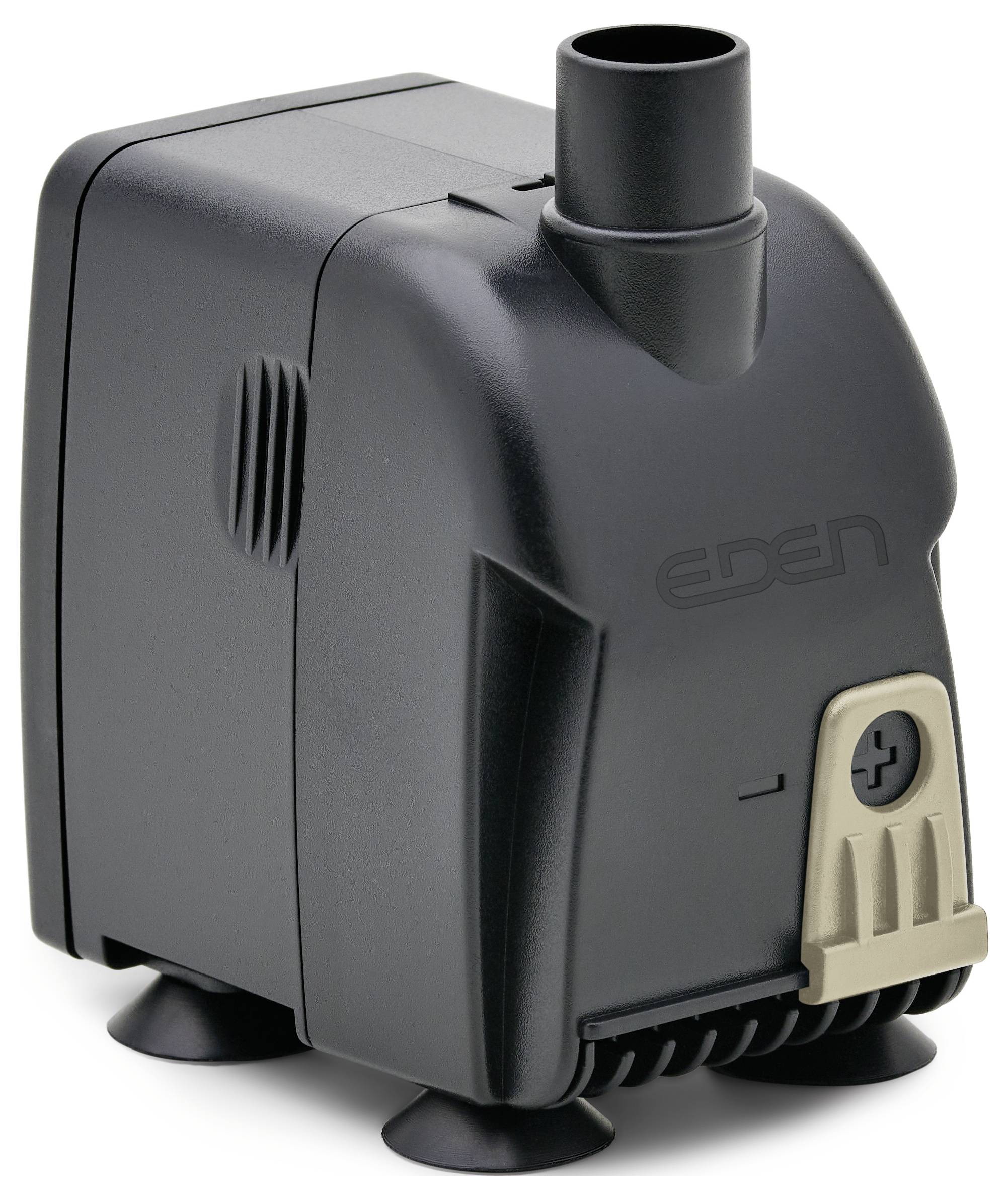 Eine kompakte, schwarze Wasserpumpe mit vertikalem Auslauf oben und Saugnapffüßen, die für den Einsatz in Aquarien entwickelt wurde.