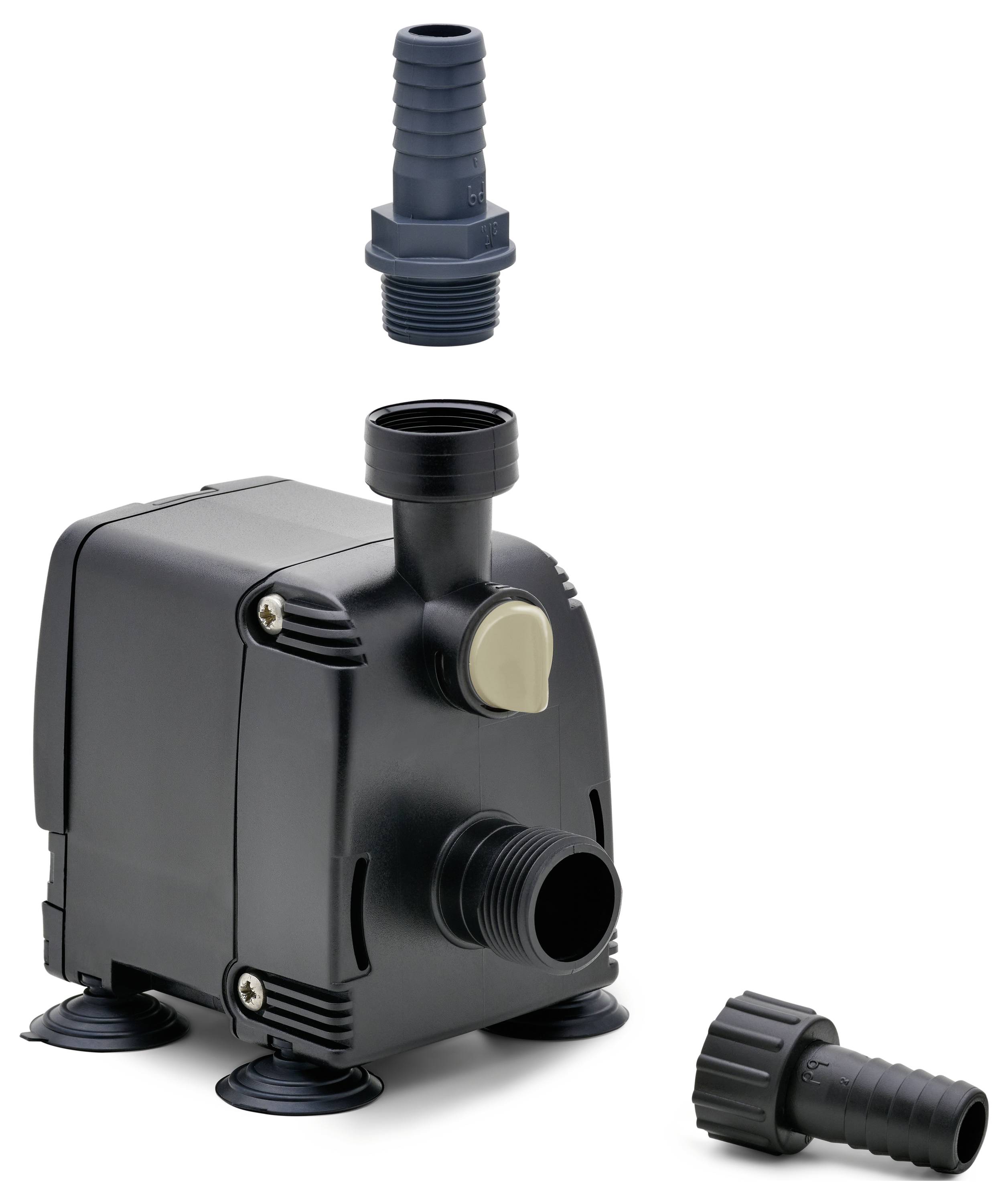 Eine kompakte schwarze Wasserpumpe mit zwei abnehmbaren Schlauchverbindern, die ihr modulares Design für flexible Wassermanagement-Lösungen demonstriert.