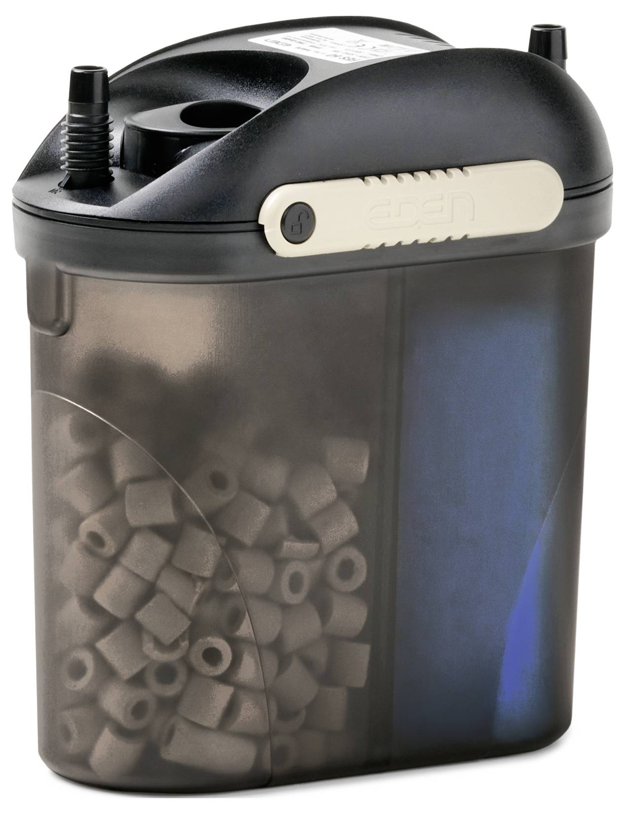 Ein Kaninenfiltersystem für Aquarien mit schwarzem Deckel und transparentem Körper, der das Filtrationsmaterial im Inneren sichtbar macht, entwickelt für Fischaquarien.