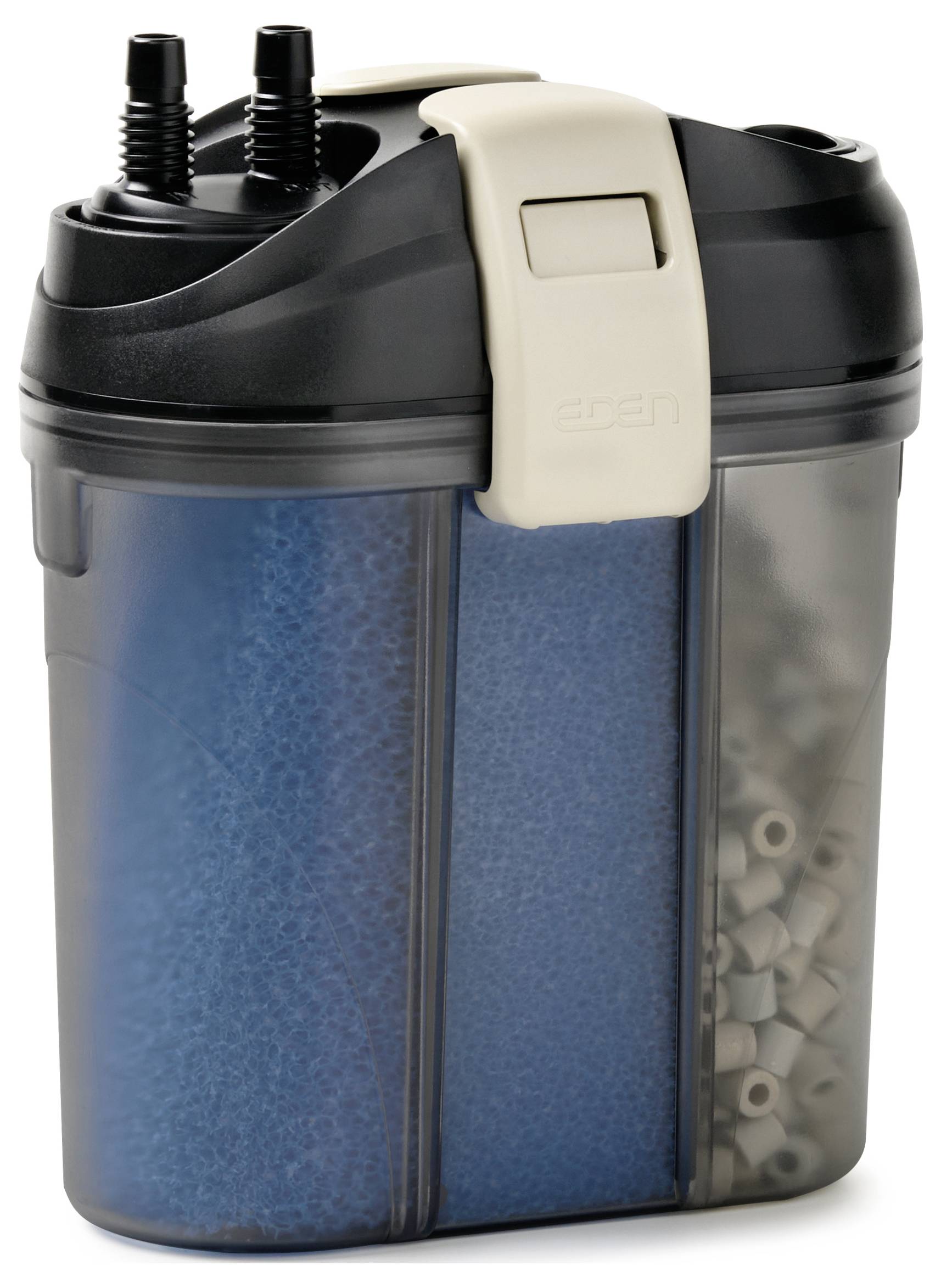 Ein kleiner Aquariumfilter, der Innenkomponenten zeigt, einschließlich blauem Schaum und weißen Keramikringen, mit einem schwarzen Deckel und zwei Auslassschläuchen oben.