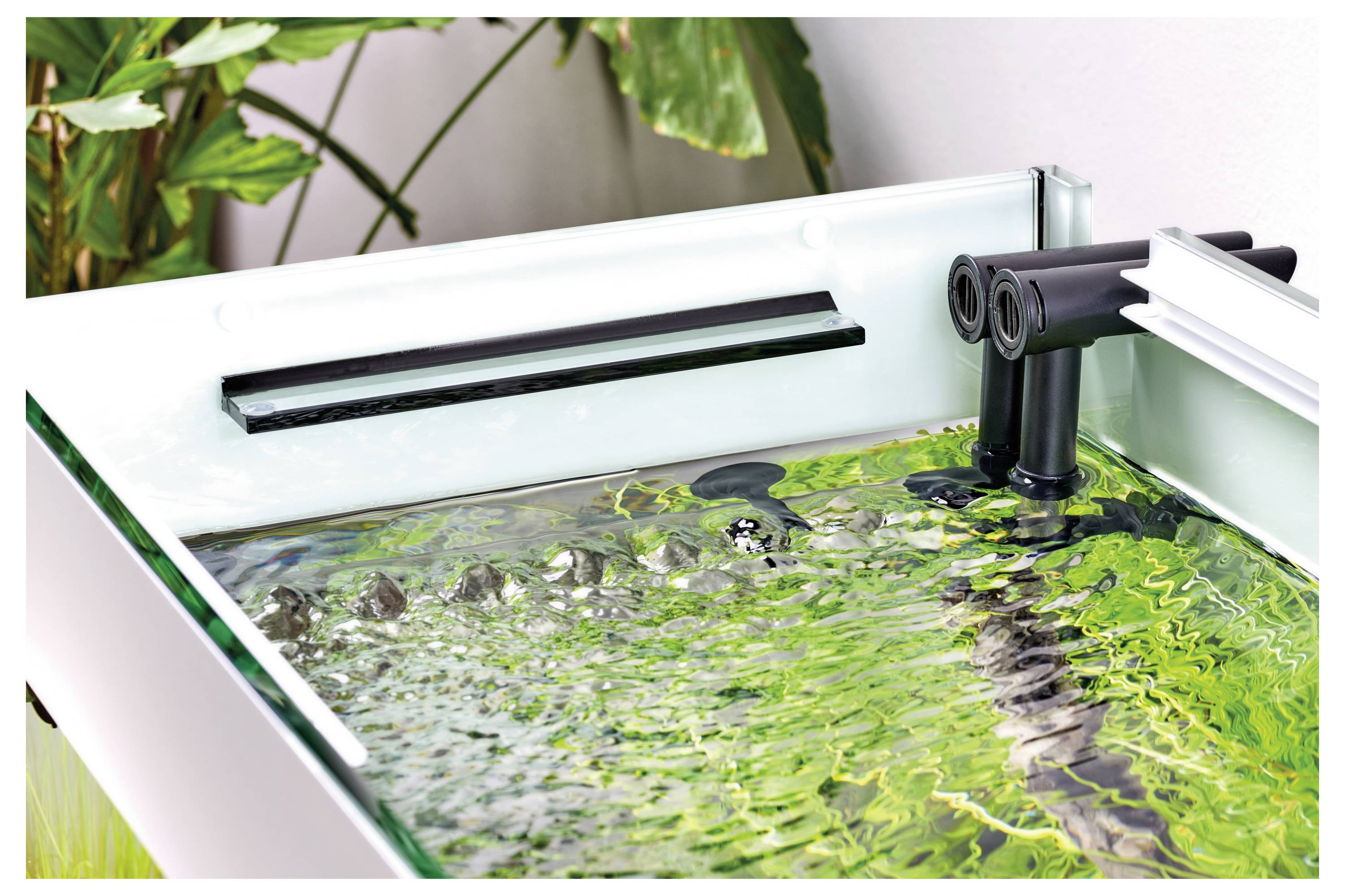 Ein modernes, rechteckiges Aquarium-Filtersystem mit klarem Wasser, das fließt, und sanften Wellen, umgeben von grünen Blättern im Hintergrund.