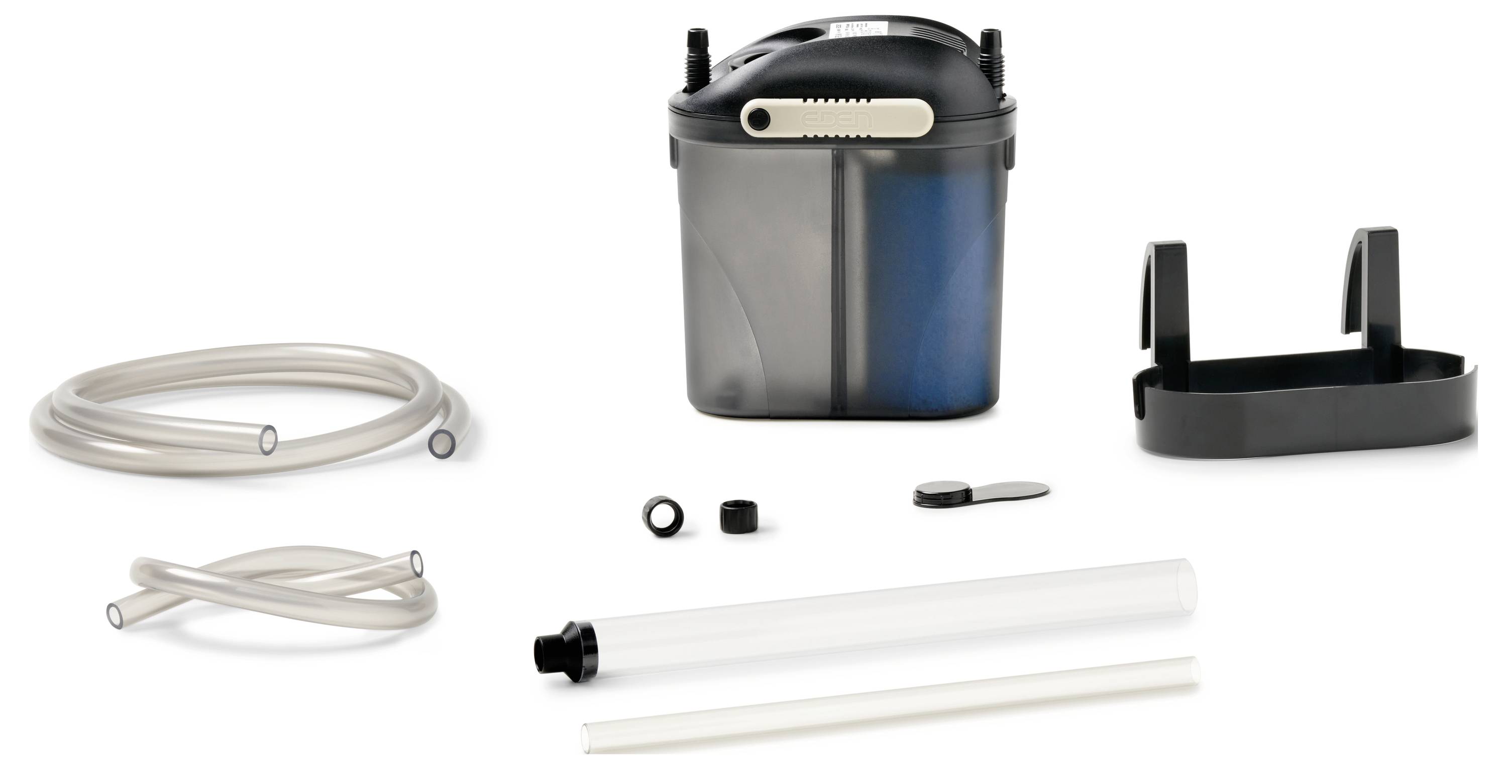 Aquarium-Filterkit mit Kanister, Schläuchen, Saugnäpfen und Installationswerkzeug.