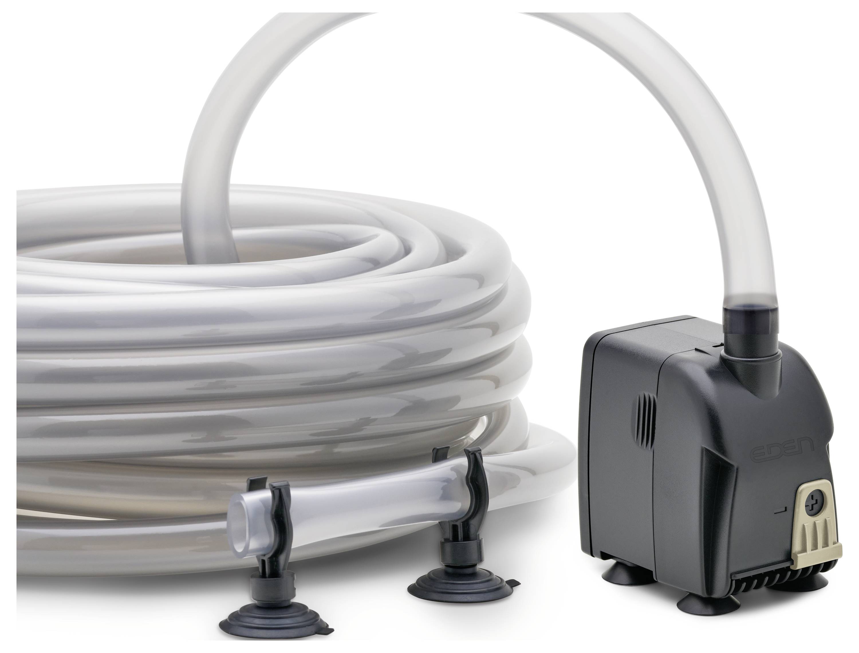 Aquarienwasserpumpe mit flexiblem Schlauch, zwei Saugnapfständern für sichere Installation, geeignet für Aquarien oder Wassergärten.