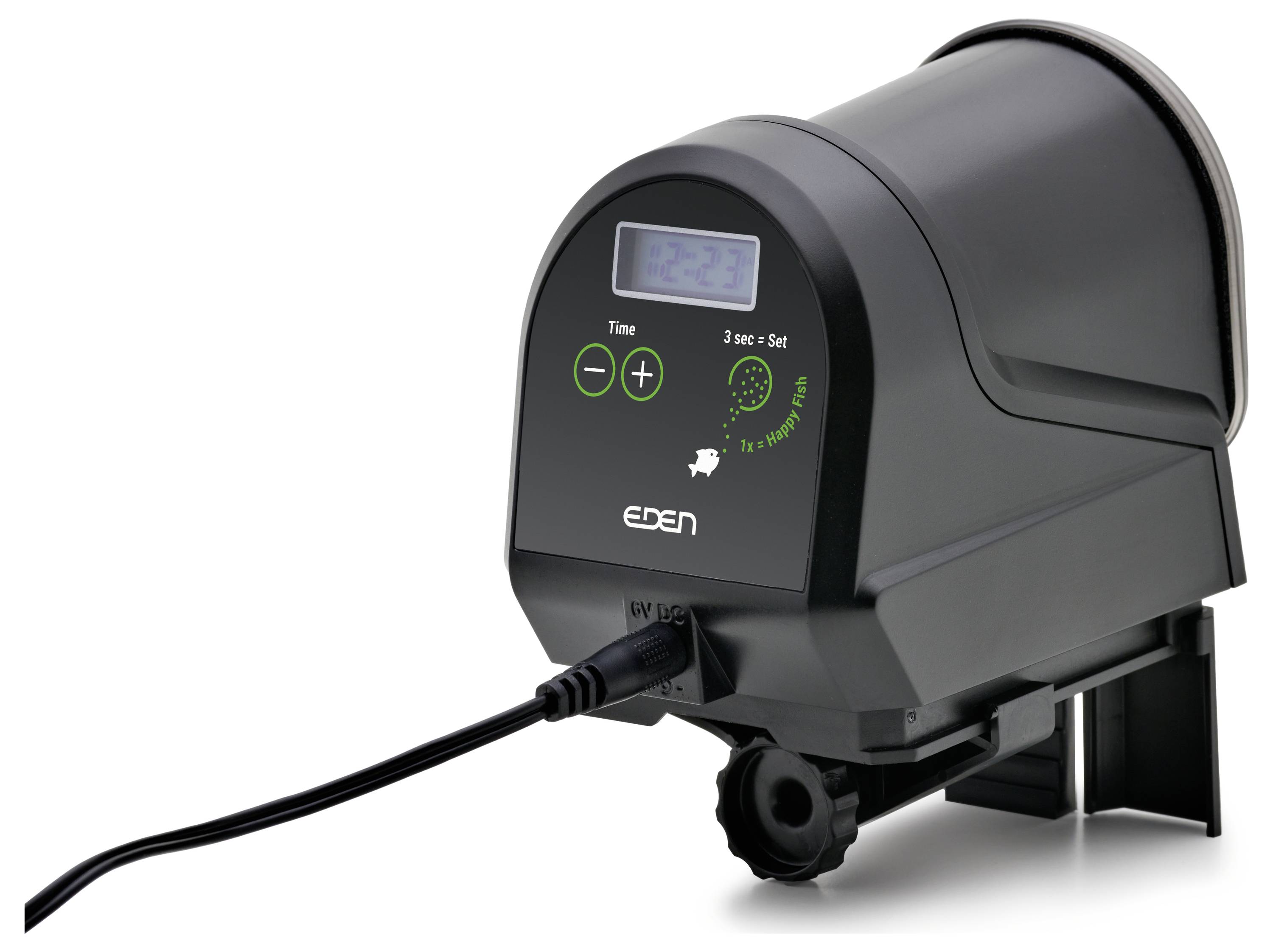 Automatischer Fischfutterspender mit digitaler Anzeige, die '12:34' zeigt, Tasten zum Einstellen von Zeit und Futterportion sowie angeschlossenem Netzkabel.