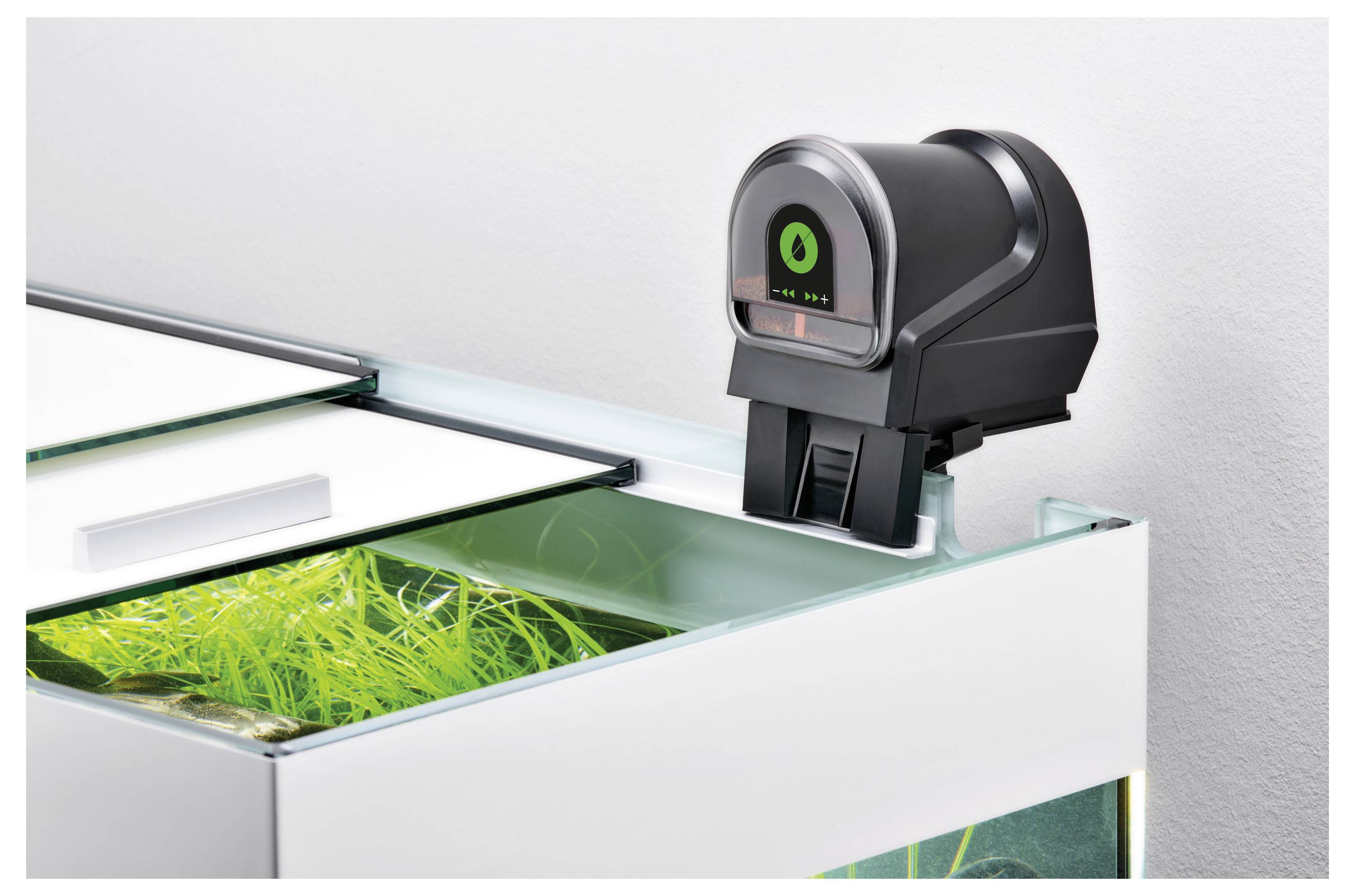 Ein automatischer Fischfütterungsautomat ist auf einem Fischtank montiert, in dem grüne Wasserpflanzen sichtbar sind, vor einem einfarbigen weißen Hintergrund.