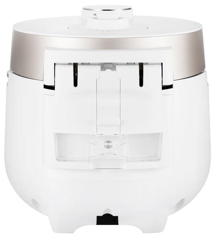Ein weißer, runder Reiskocher mit einem goldenen Deckel. Die Vorderseite hat einen Klappmechanismus. Das Gerät steht auf einem Tisch.
