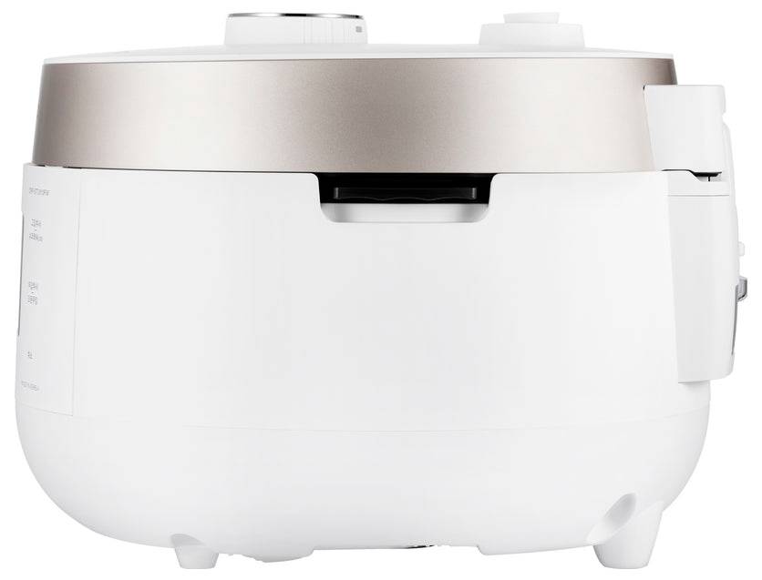 Ein moderner, weißer und goldener Reiskocher mit einem runden, kompakten Design. Geeignet für die Zubereitung von Reis und anderen Speisen.