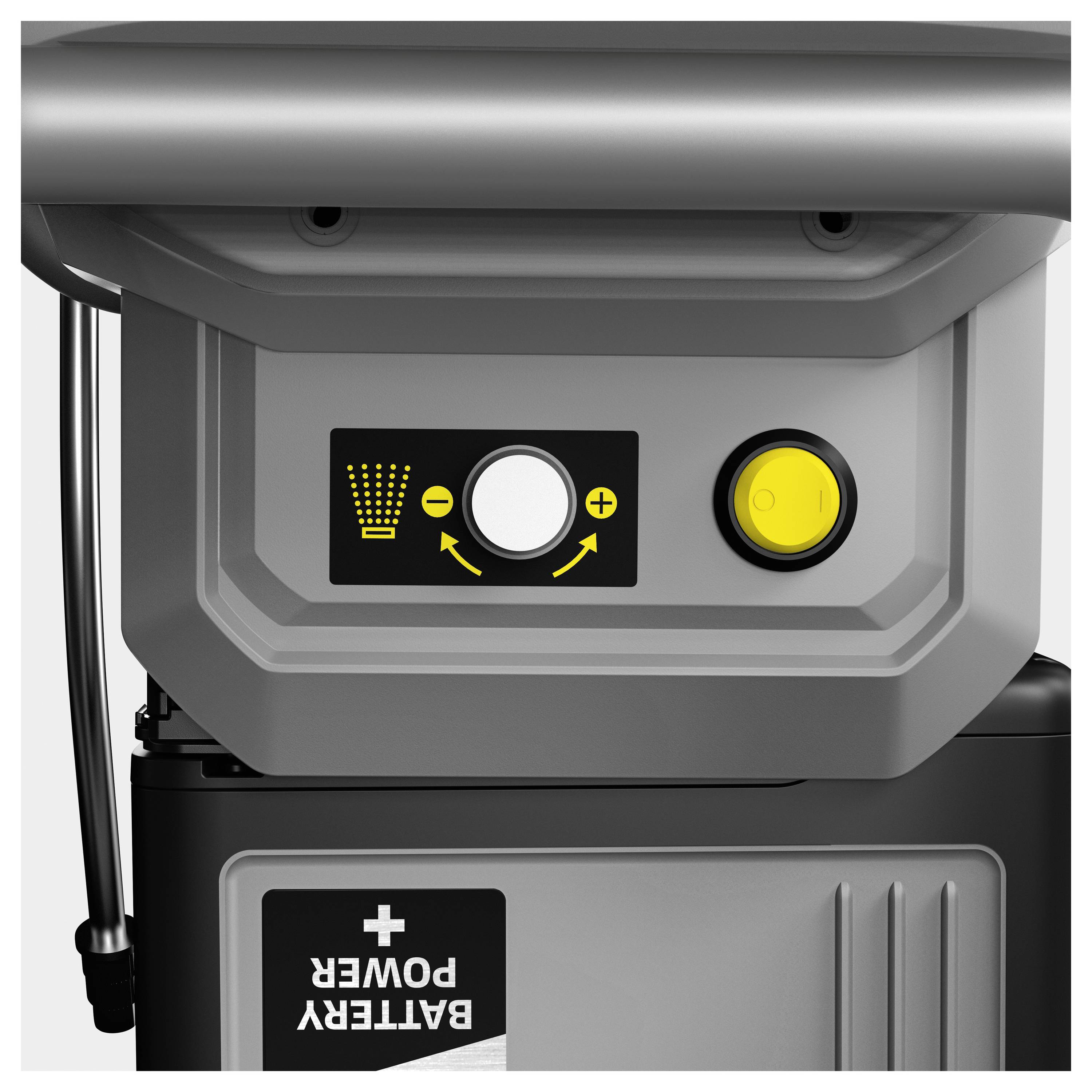 Bedienfeld einer elektrischen Maschine mit Symbolen für Plus und Minus, gelbem Knopf und Batterieanzeige.