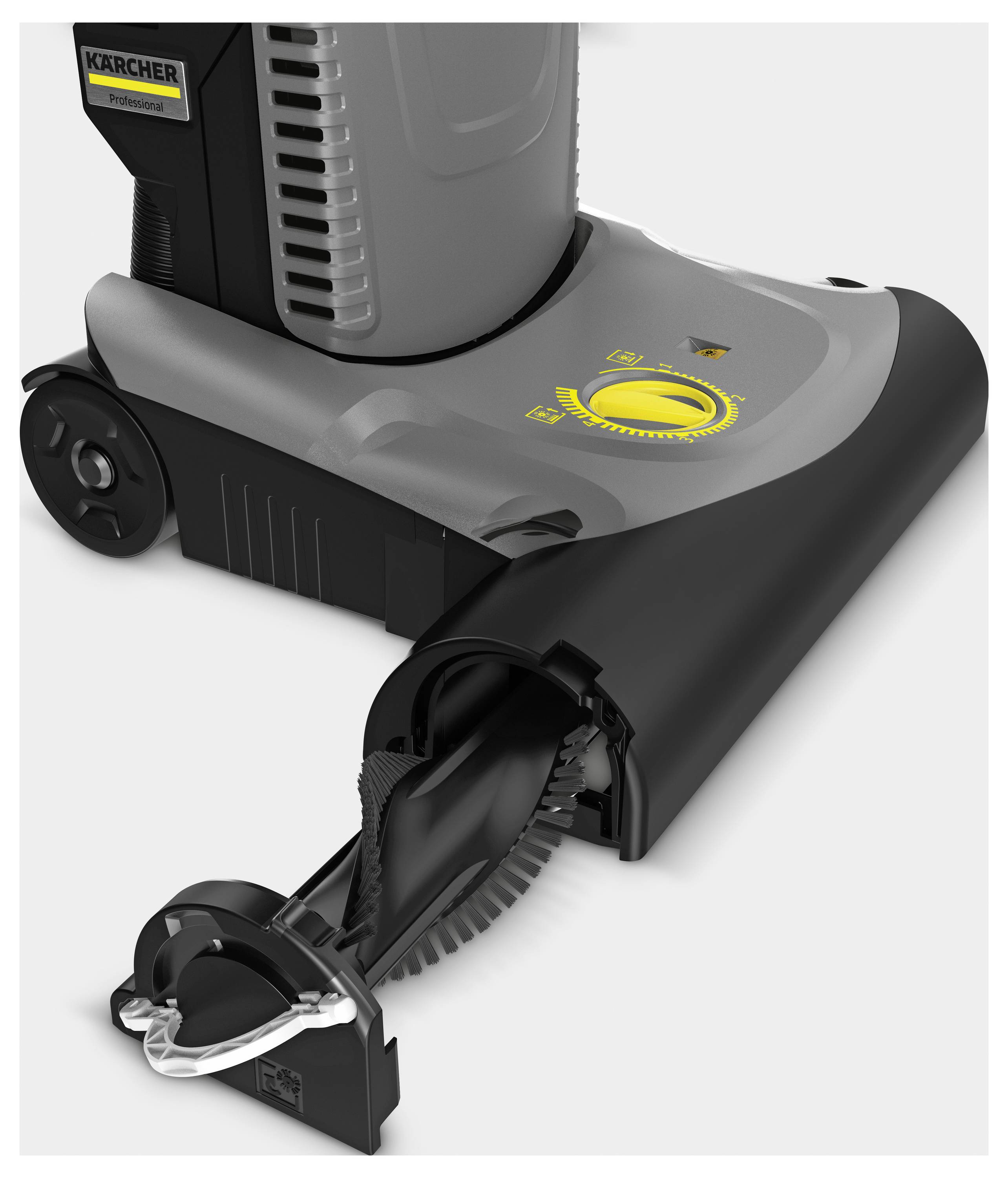 Staubsaugerdüse mit gelbem Regler für Teppichreinigung, Teil eines Staubsaugers, abgebildet auf hellem Hintergrund.