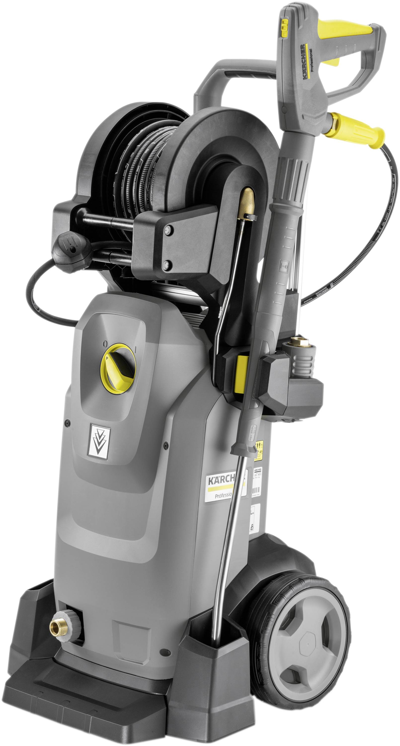 Ein grauer Hochdruckreiniger mit gelbem Griff und Schlauchrolle, montiert auf Rädern für einfache Beweglichkeit.